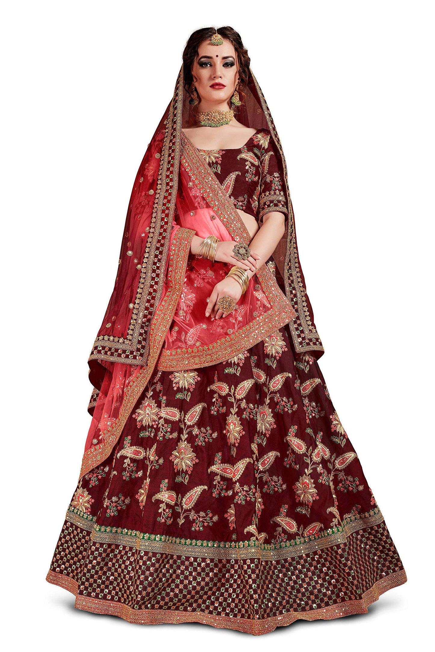 Zeel Clothing Women's Silk Semi stitched Lehenga Choli (Wedding-Bridal-Latest-Lehenga-34-Maroon_Maroon_Free Size)