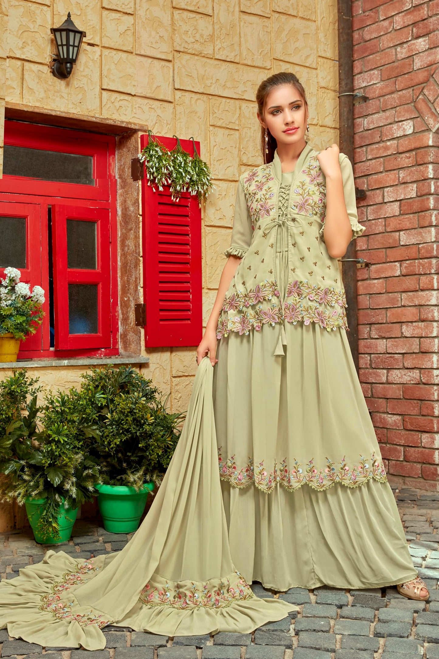 Shampysky Women’s Green Faux Georgette Embroidered Flared Gown with Jacket and Dupatta | Stitched | Half Sleeves (SSW-1004-Green-XXL)