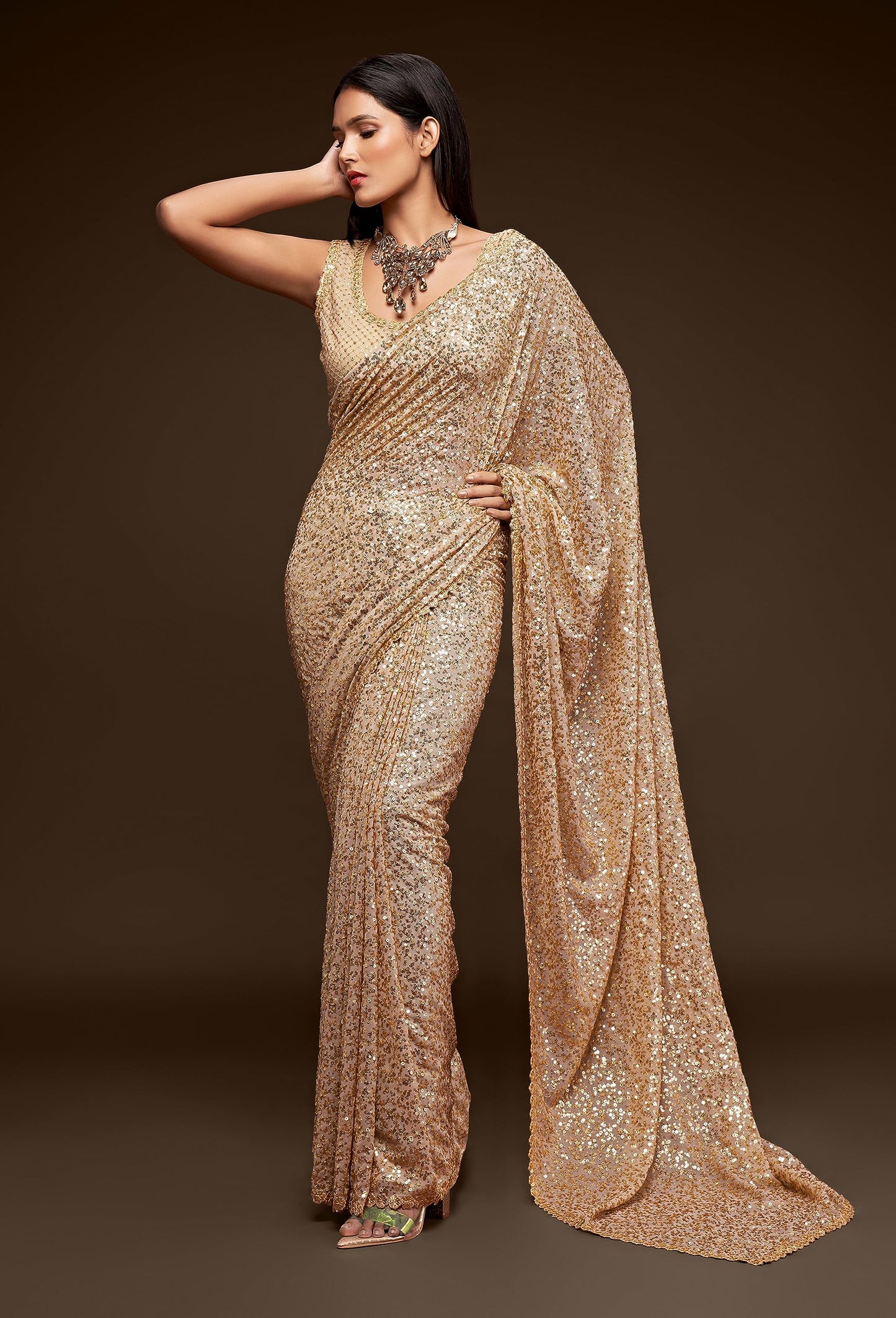 TRENDMALLS Women's Georgette Heavy Sequins Work Heavy Saree with Blouse (Latest-Sequins-Party-Saree) (Beige)