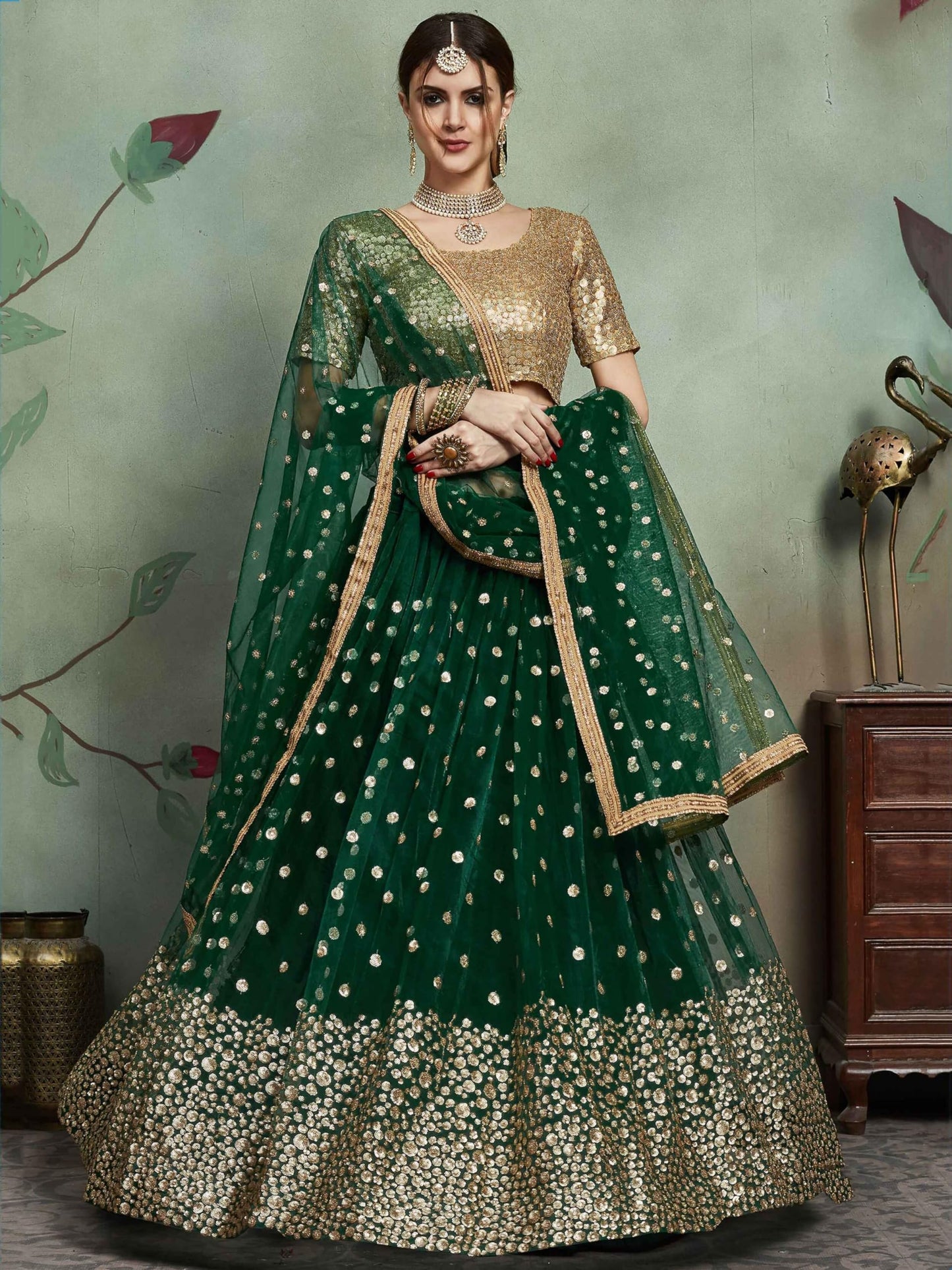 Zeel Clothing Women's Sequins Embroidery Work Soft Net Semi Stitched Lehenga Choli With Dupatta (2903-Green-Women-Lehenga-Choli-Latest; Free Size)