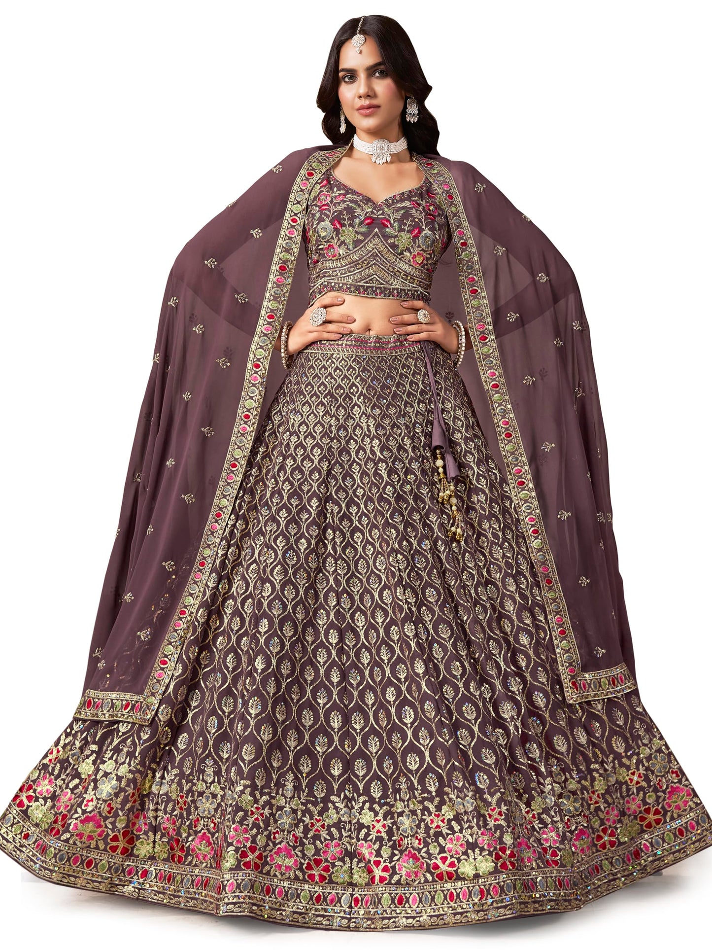 Zeel Clothing Women's Sequins and Thread Embroidered Work Georgette Lehenga Choli With Dupatta (5134-Women-Lehenga-Choli-Latest; Free size) (Light Purple)