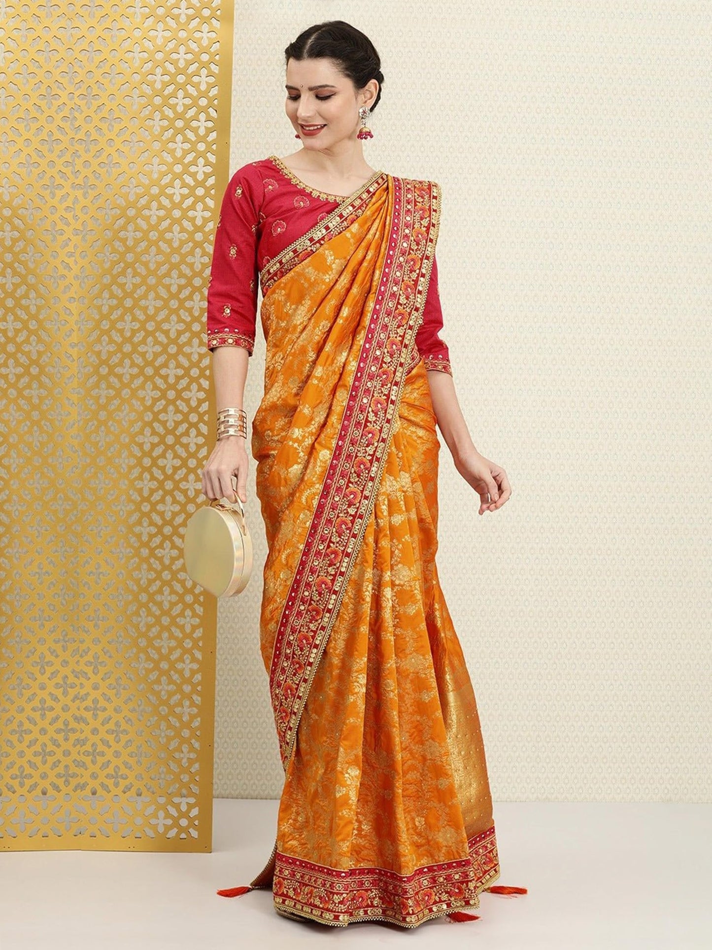 TRENDMALLS Women's Pure Silk Embroidery Saree with Unstitch Blouse Piece (K1113-Orange)