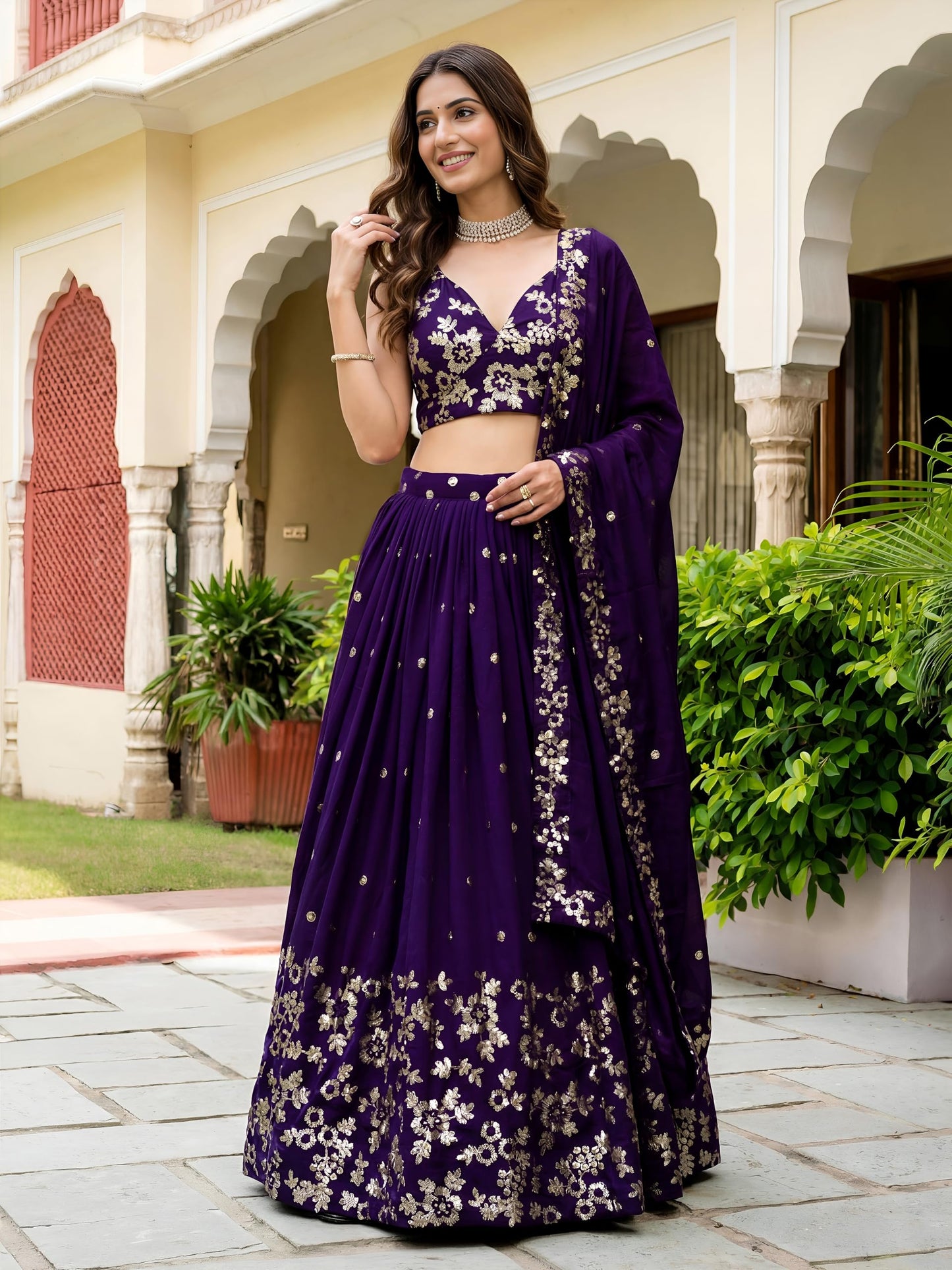 Zeel Clothing Women's Sequins and Thread Embroidered Work Georgette Lehenga Choli With Dupatta (6015-Purple-Women-Lehenga-Choli-Latest; Free size)
