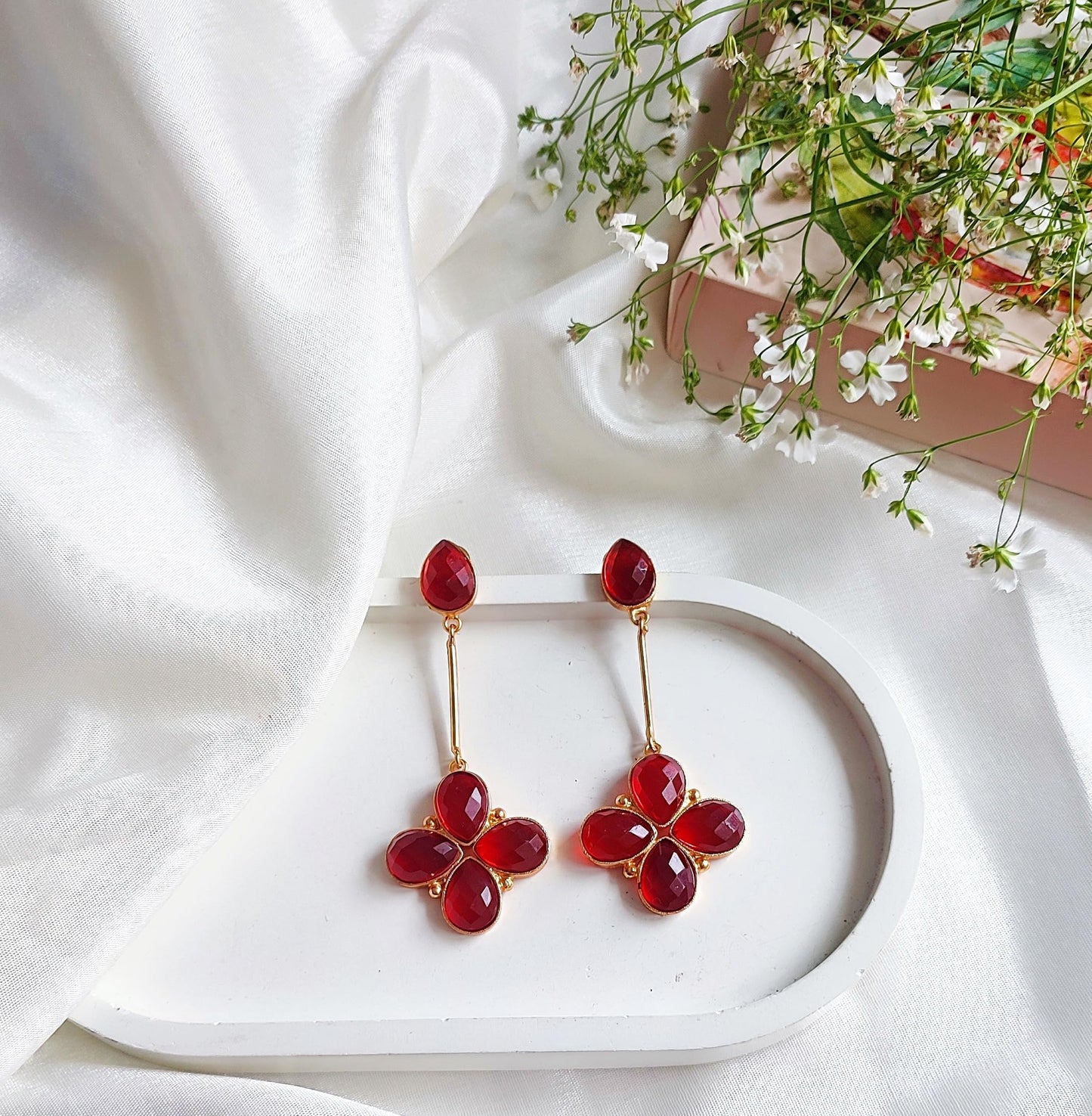 Jiaara Handcrafted Elegant Brass & Semi-Precious Stone Drizzle Earrings For Women