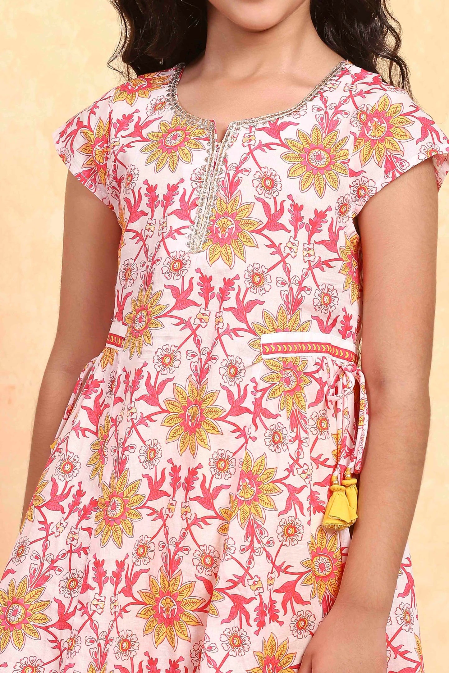 Biba Girl's White Cotton Flared Printed Suit Set