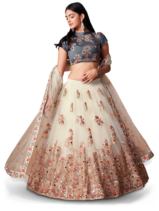 Zeel Clothing Women's Net Embroidered Semi-Stitched Bridal New Lehenga Choli with Dupatta (7322-OffWhite-Wedding-Bridal-Latest; Free Size) (Off-White)
