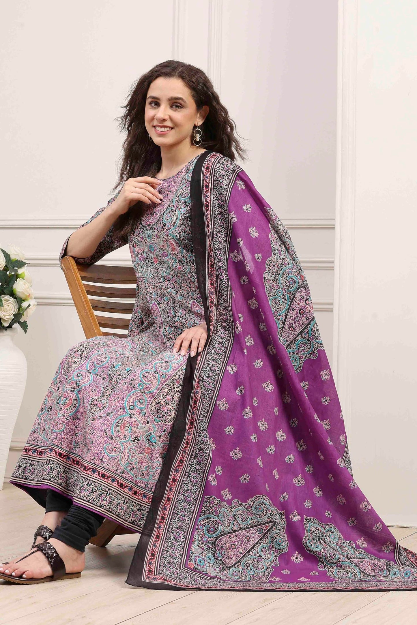 Biba Women Purple Cotton Printed Anarkali Suit Set_40
