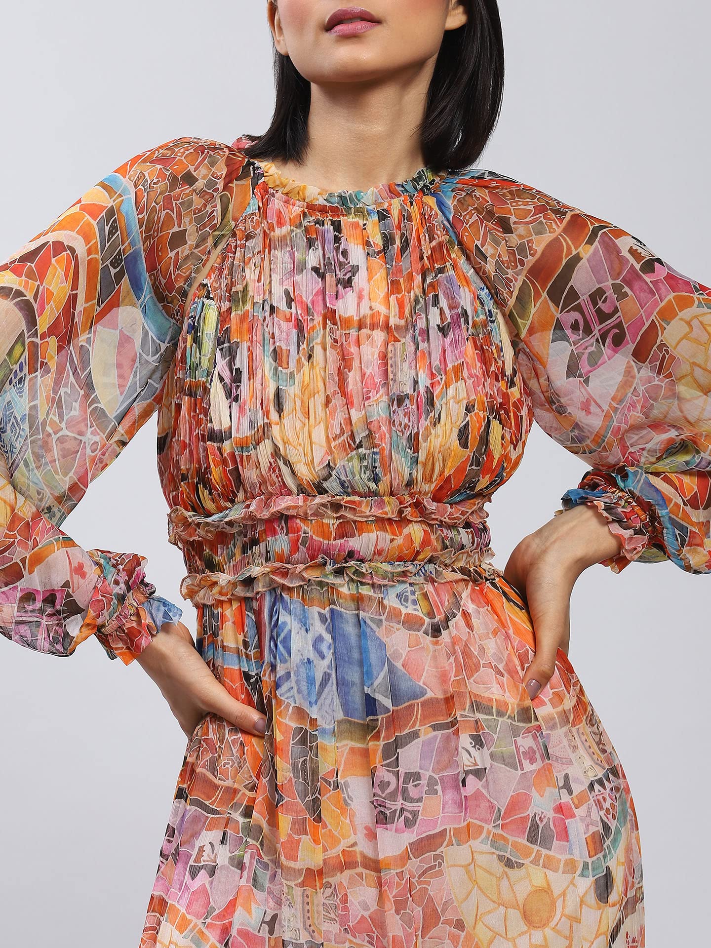 Label RITU KUMAR Round Neck Full Sleeves Long Dress Multicolour