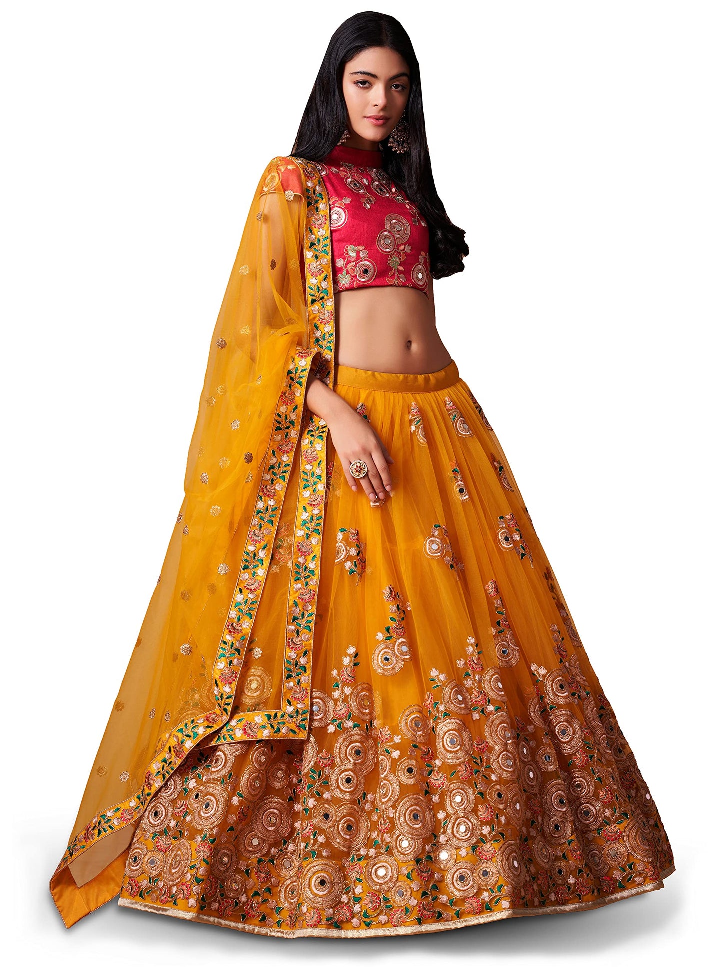 Zeel Clothing Women's Net Embroidered Semi-Stitched Bridal New Lehenga Choli with Dupatta (7324-Yellow-Wedding-Bridal-Latest; Free Size) (Yellow)