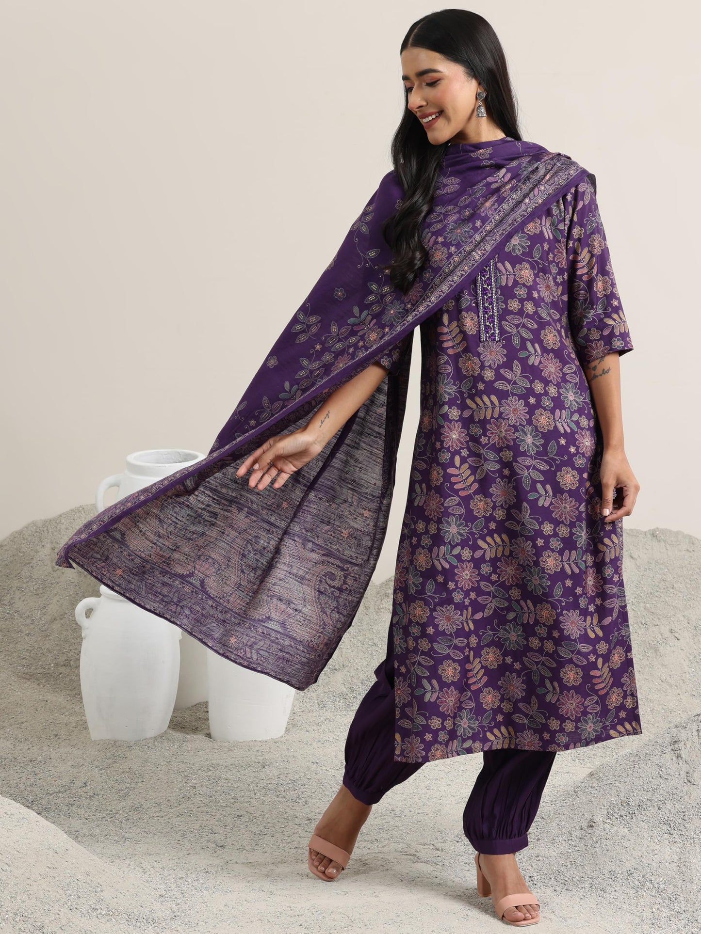Libas Womens Printed Silk Blend Straight Kurta With Salwar and Dupatta