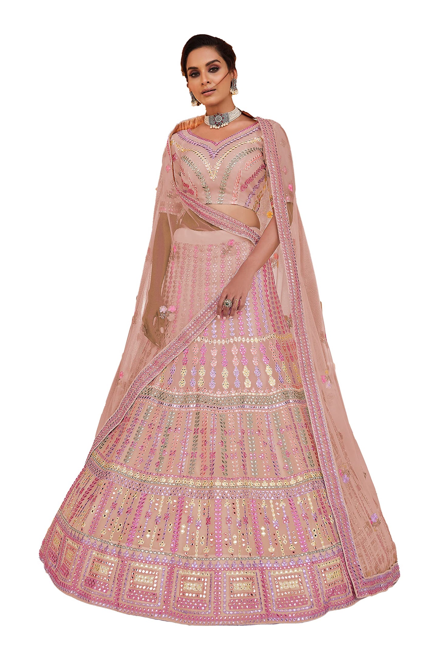 FUSIONIC Peach Color Organza Material Gota And Thread Work Lehenga For Women