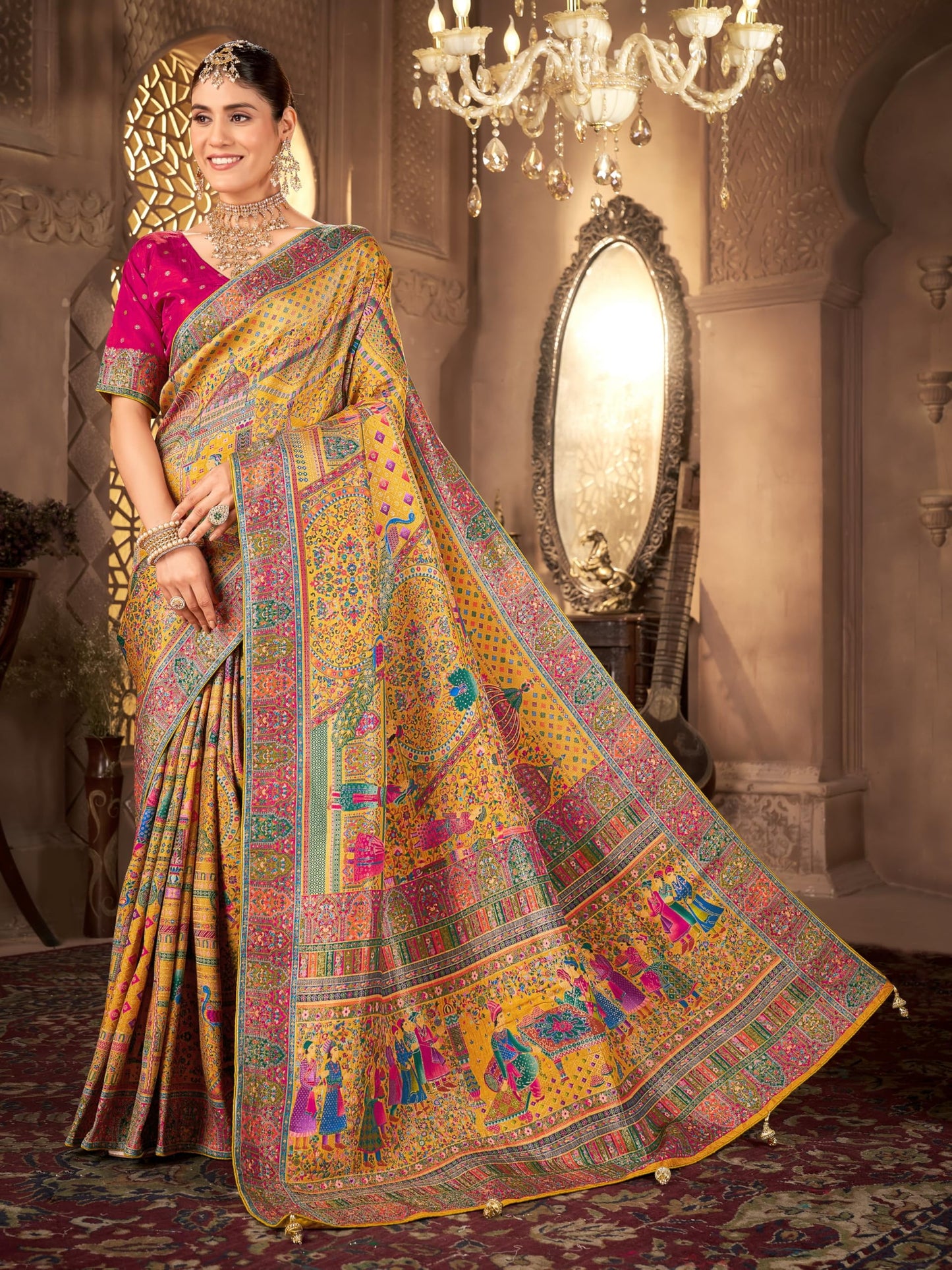 Glory Sarees Women’s Luxurious Dola Pure Silk Original Saree Position Print Work Madhubani Inspired Motifs Banarasi Kanjivaram Style Saree With Blouse Piece (Elegant101_Yellow)