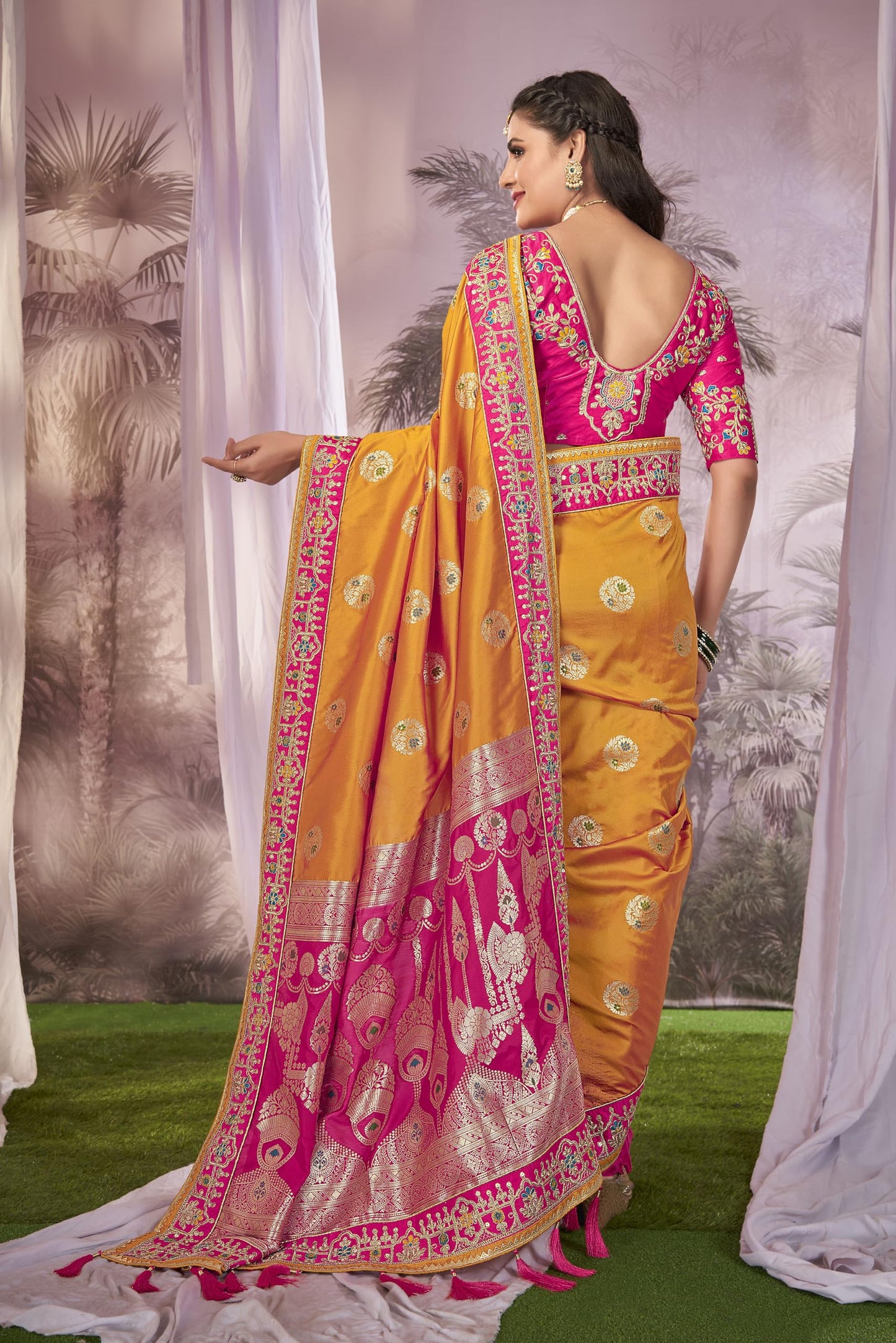 MANOHARI Banarasi Silk Woven Saree With Heavy Embroidery Blouse Piece_Mn1877 - Women, Yellow