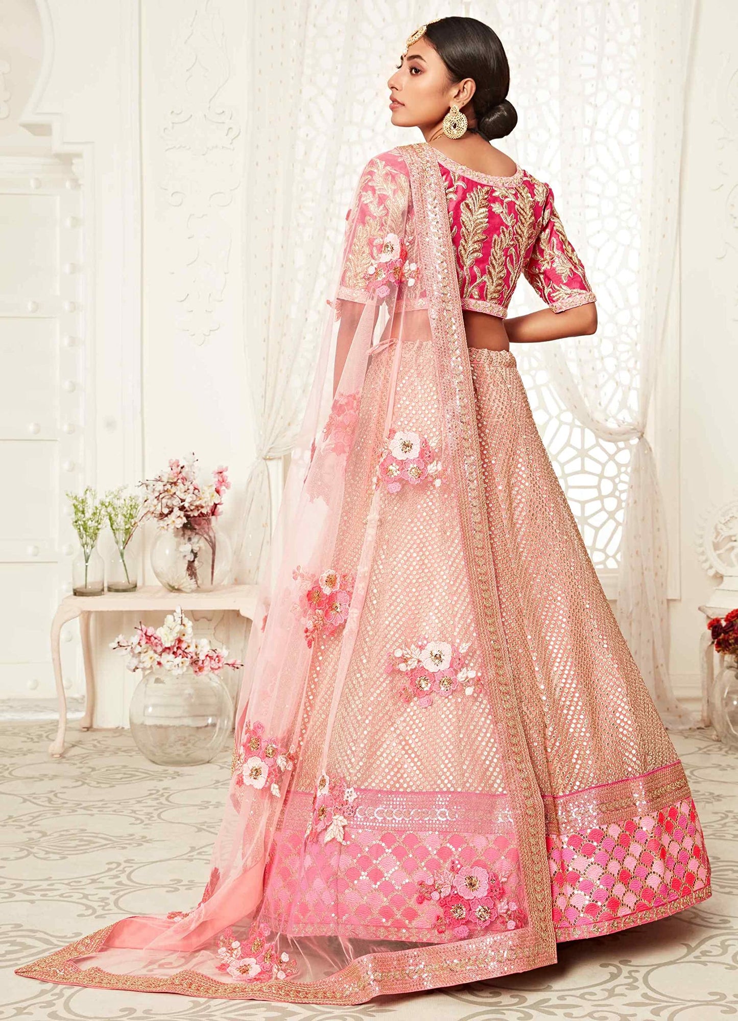 Divine International Trading Co Women's Soft Net Lehenga Choli With Dupatta (PINK_ZC7706_Unstitched)