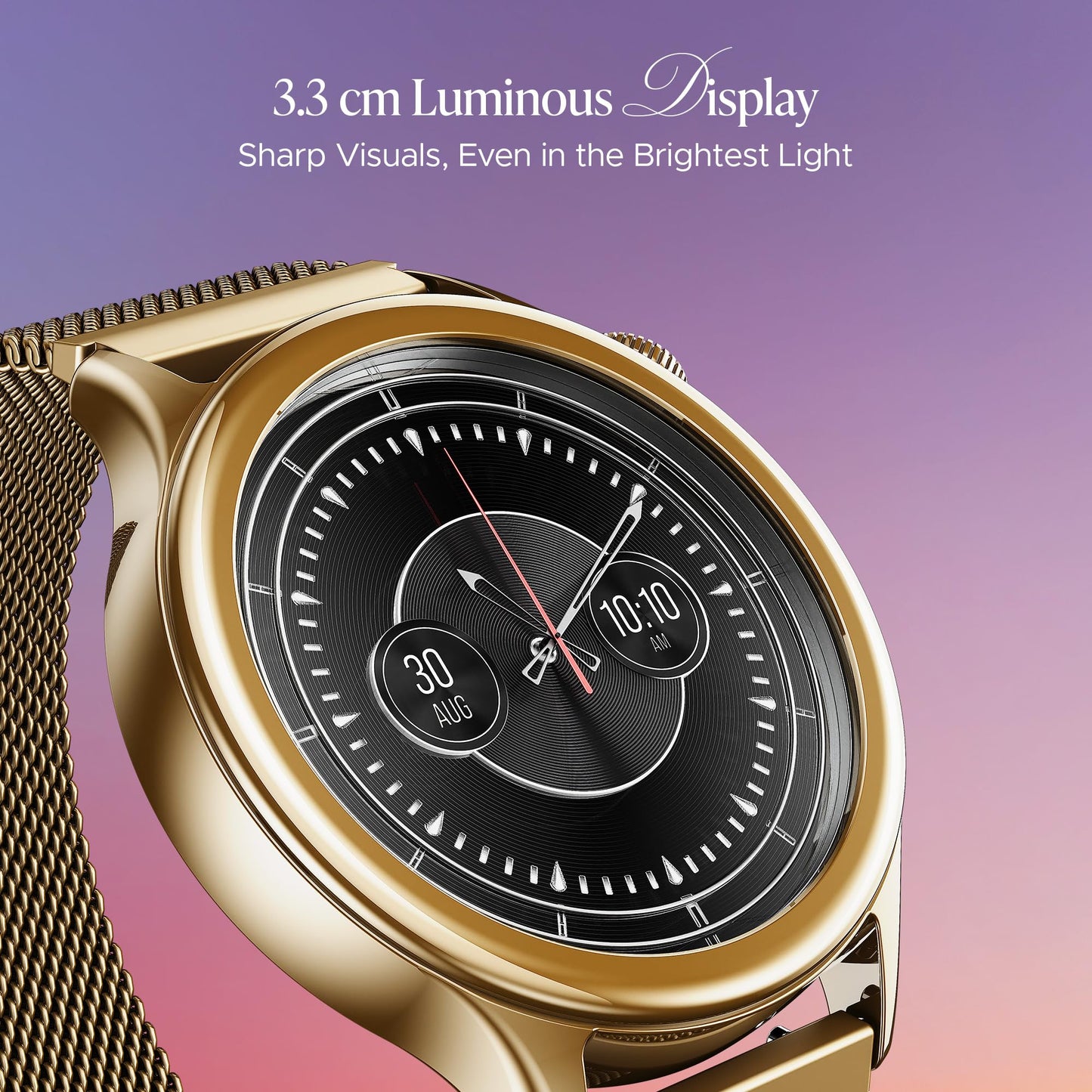 Boat Enigma Daze Women's Luxury Smart Watch w/ 1.3”(3.3cm) AuraVue Display w/ 20% Higher Brightness, Emergency SOS, Female Wellness Tracking, BT Calling, smart Watch for Women Latest (Elegant Gold)