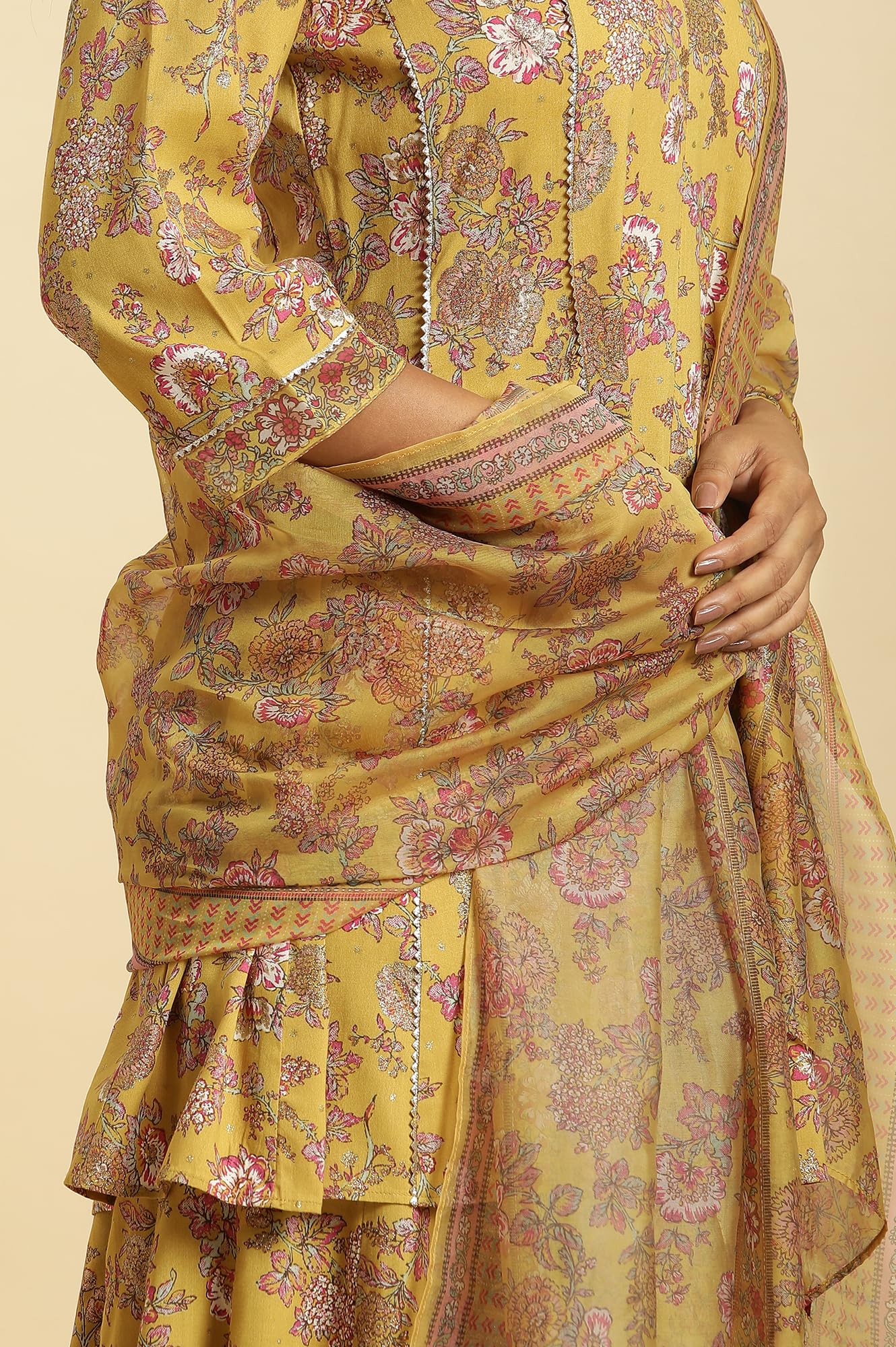 W for Woman Yellow Floral Printed Short Flared Kurta, Sharara and Dupatta Set_24AUWS19717-121051_2XL
