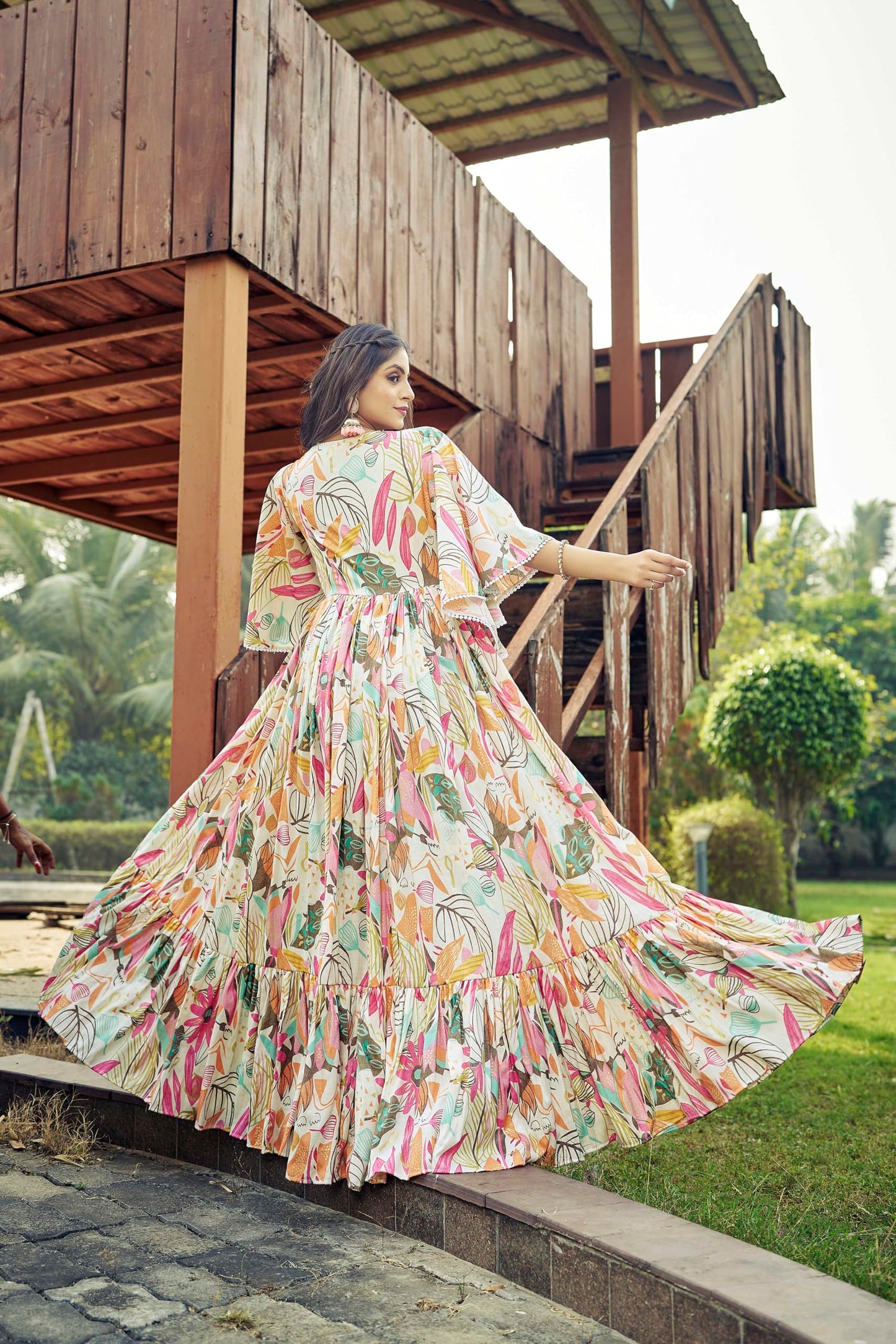 Samprag Rayon Gown for Women | Full Length | Printed | Fit & Flare | Flared & Bell Sleeves | Round Neck | Ethenic Dress | Ideal for Casual, Wedding & Party | Off-White & Sky Blue | S