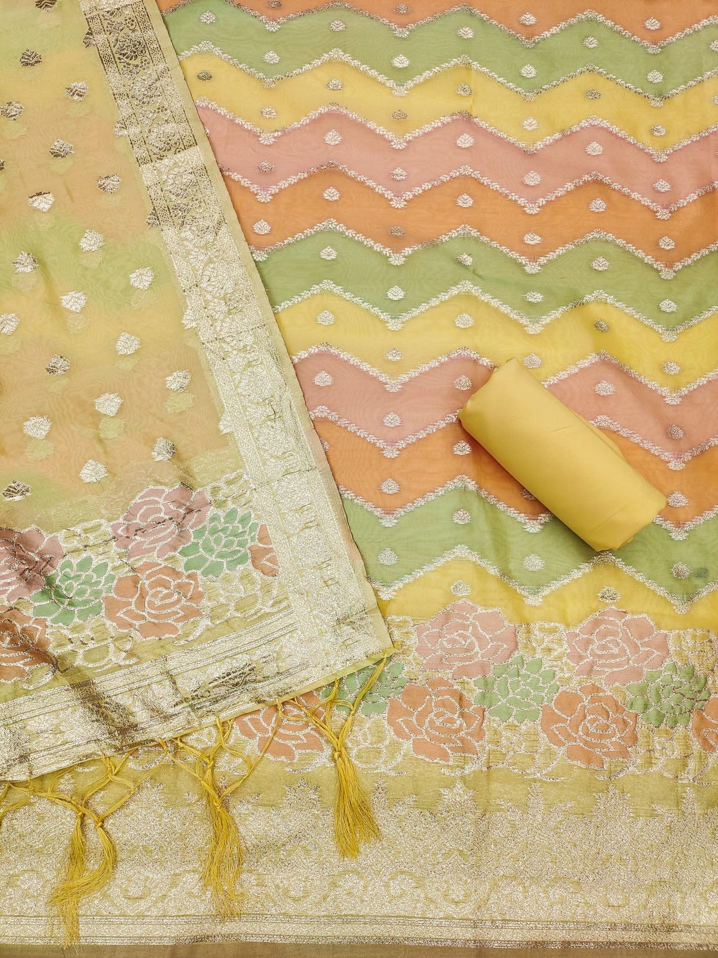 Leeli Peeri Designer Women's Yellow Organza Zari Woven Chevron Design Unstitched Dress Material(807PDM3)