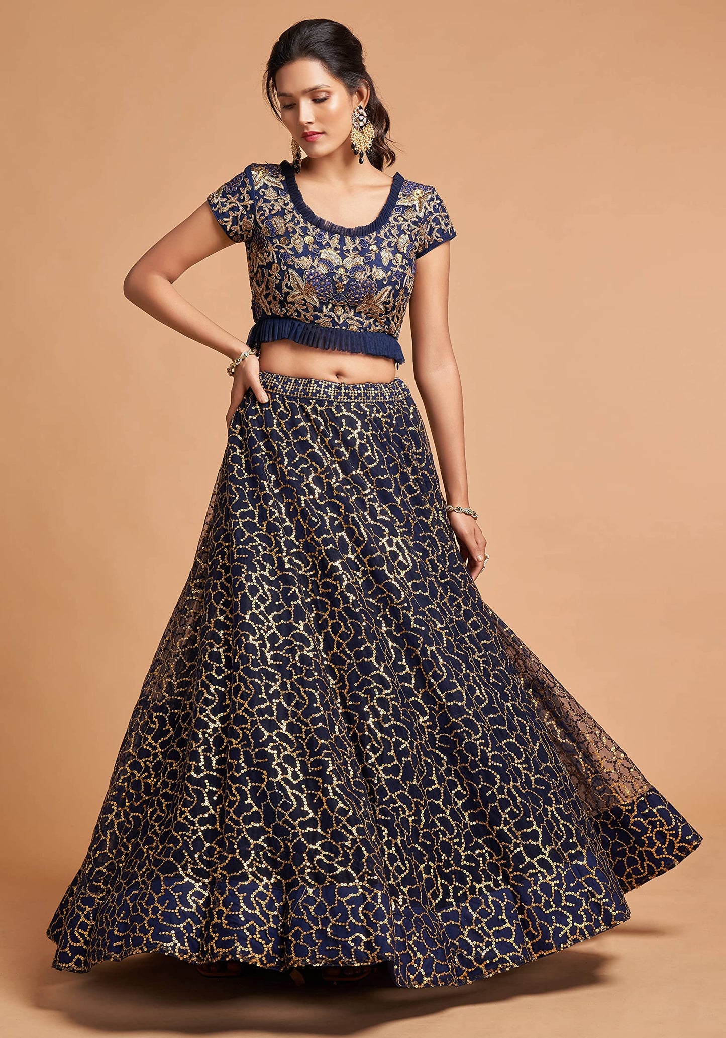 Zeel Clothing Women's Net Embroidered Semi-Stitched New Lehenga Choli with Dupatta (7311-Blue-Wedding-Girlish-Latest-Lehenga; Free Size)