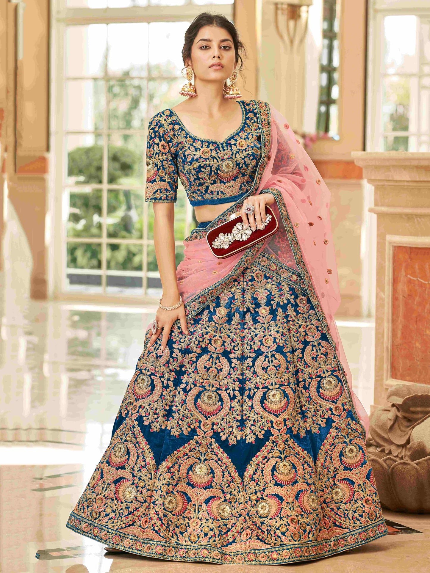 Zeel Clothing Blue Heavy Embroidered Velvet Semi-Stitched Lehenga Choli For Women (7071-Blue-Wedding-Bridal-Latest-New; Blue_Free Size)