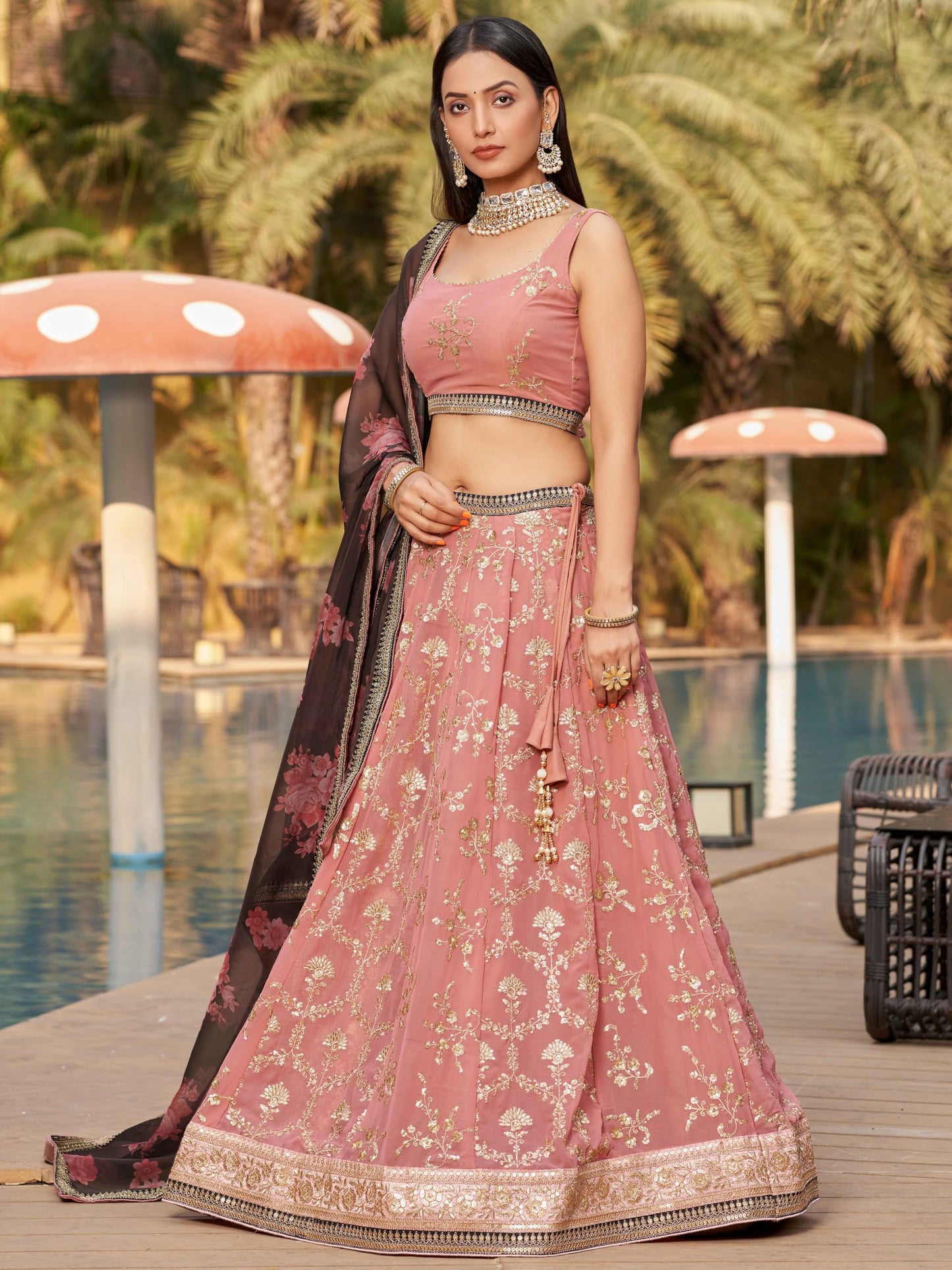 Zeel Clothing Women's Zari Sequins Embroidered Georgette Lehenga Choli With Dupatta (5086-Pink-Wedding-Stylish-New; Free Size)