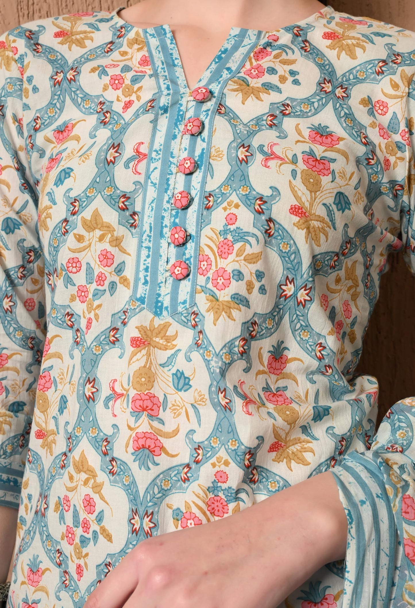 KEOSA Women Floral Printed Regular Pure Cotton Kurta with Trousers & with Dupatta Blue