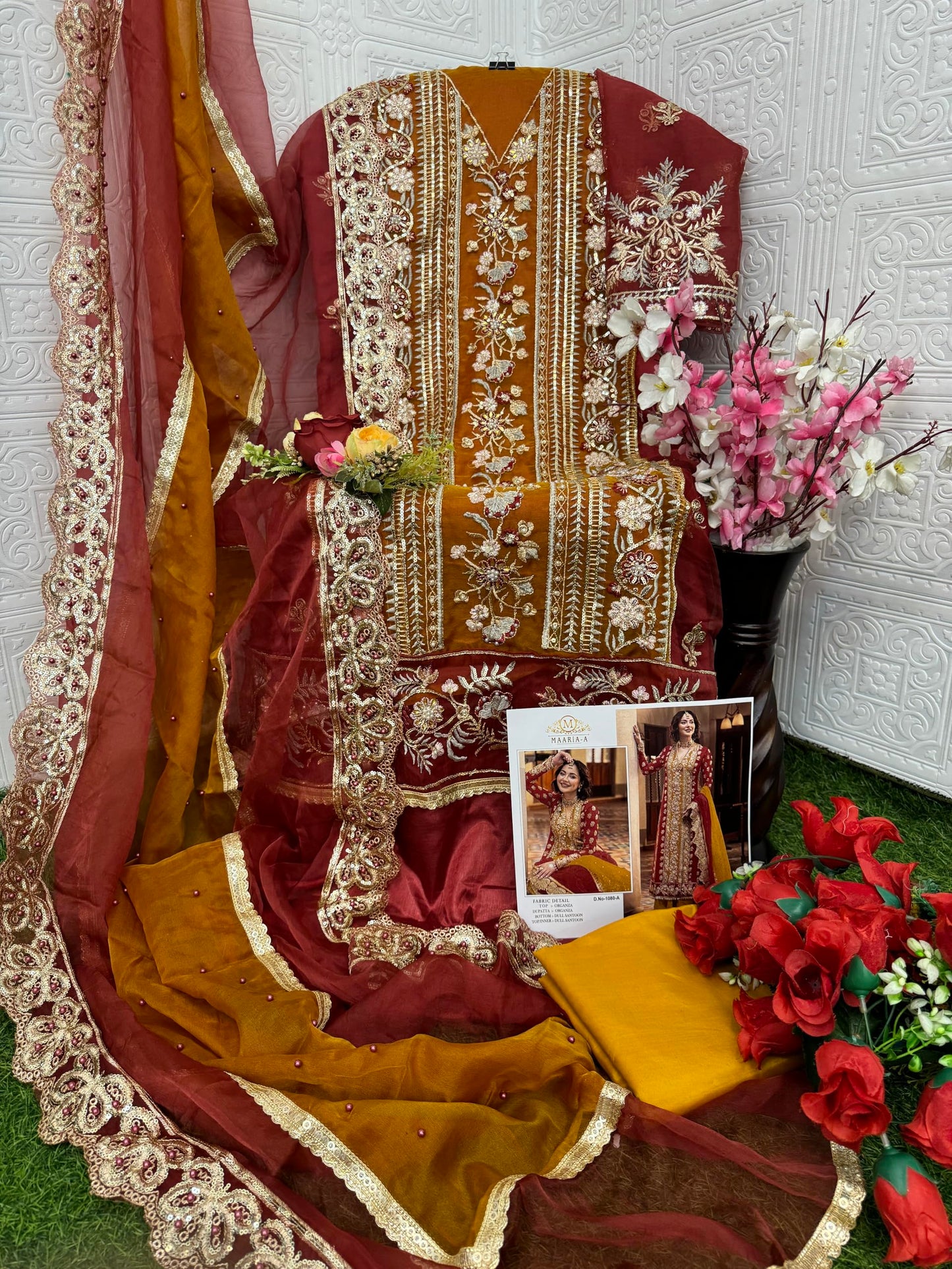 RUDRAPRAYAG Women's Mustard Color Traditional Organza Embroidered Semi Stitched Anarkali Suit Set With Embroidered Dupatta