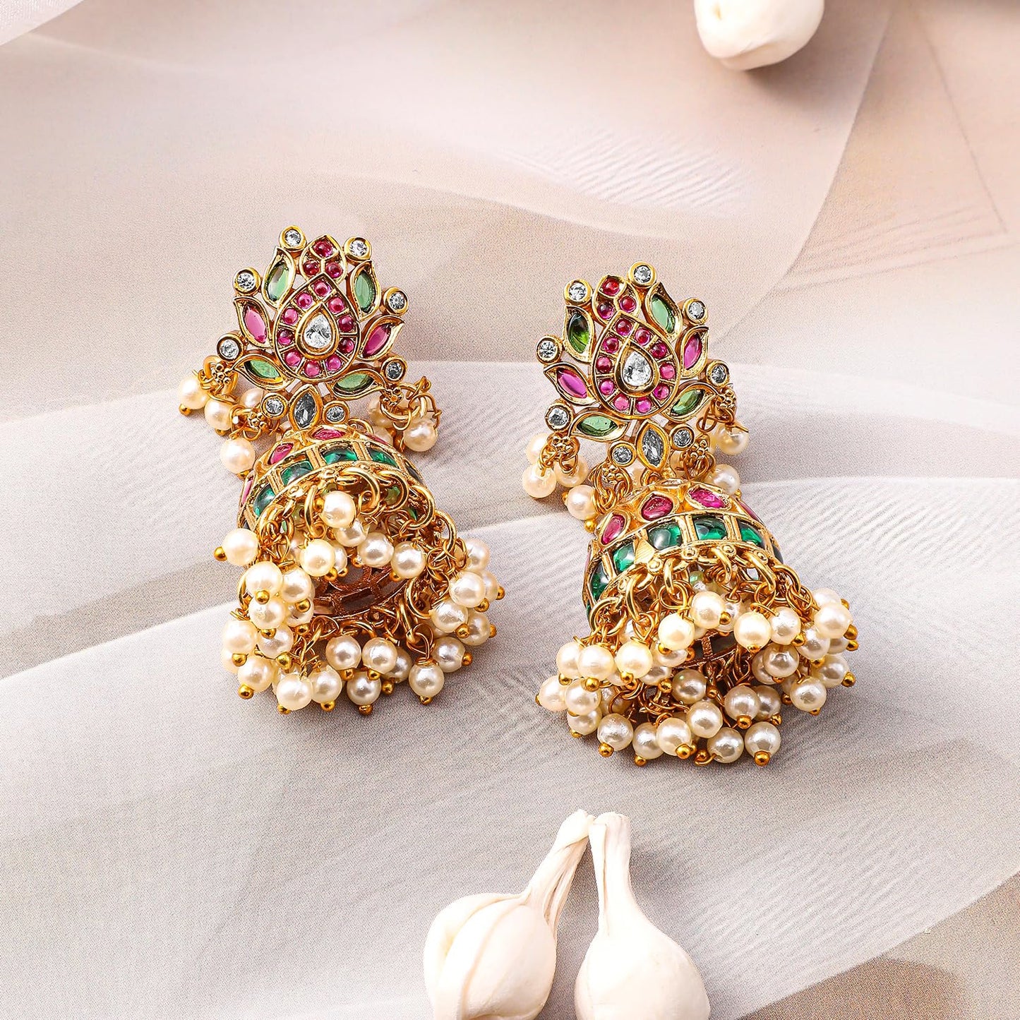 Rubans Womens 22K Gold-Plated Ruby Pink, Emerald Green & White Kundan Studded Pearl Beaded Necklace Set