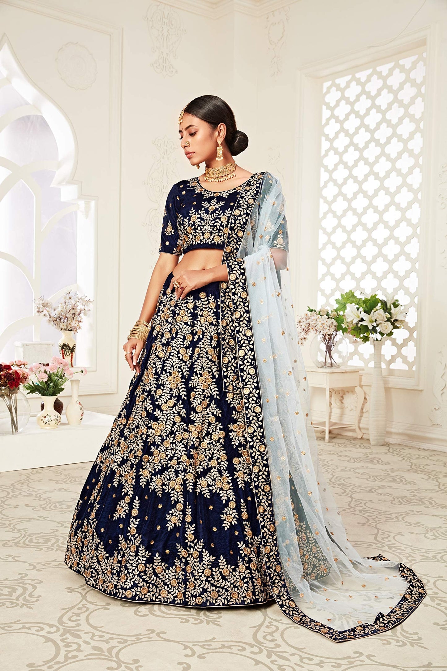 Zeel Clothing Women's Navy Blue Zari and Diamond Work Velvet Semi-Stitched Lehenga Choli (7707-Wedding-Bridal-New-Lehenga_Blue_Free Size)