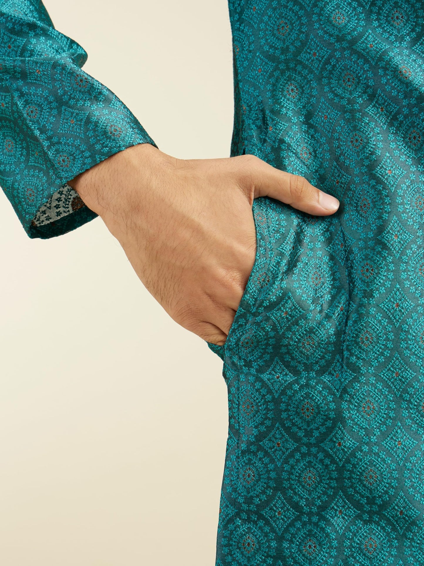 DIWAS BY MANYAVAR Men's Art Silk Jacquard| Self Design Kurta (Teal Green,XXXL)