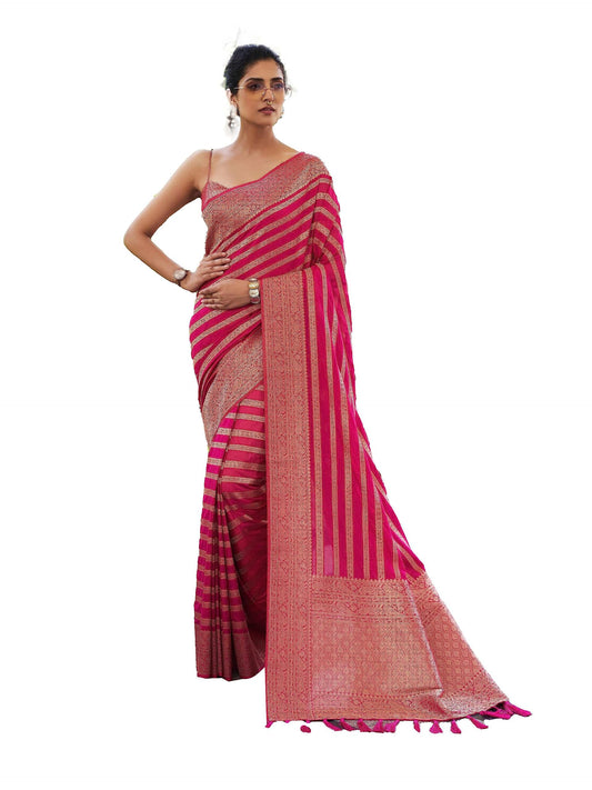 Vardha Women's Banarasi Georgette Saree with Unstitched Blouse Piece - Gold Zari Woven Work Sarees for Wedding (Vritika_671)