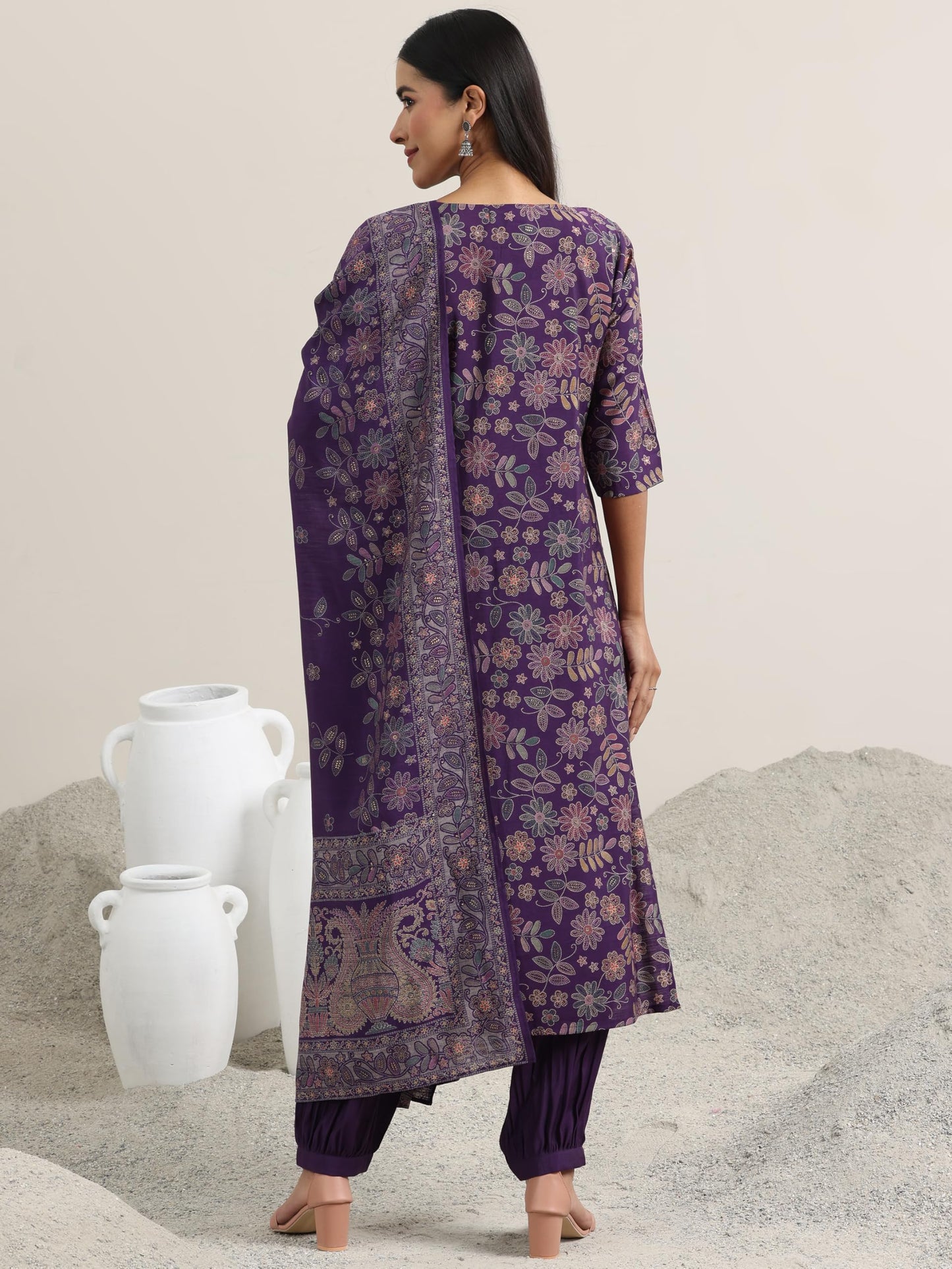 Libas Womens Printed Silk Blend Straight Kurta With Salwar and Dupatta