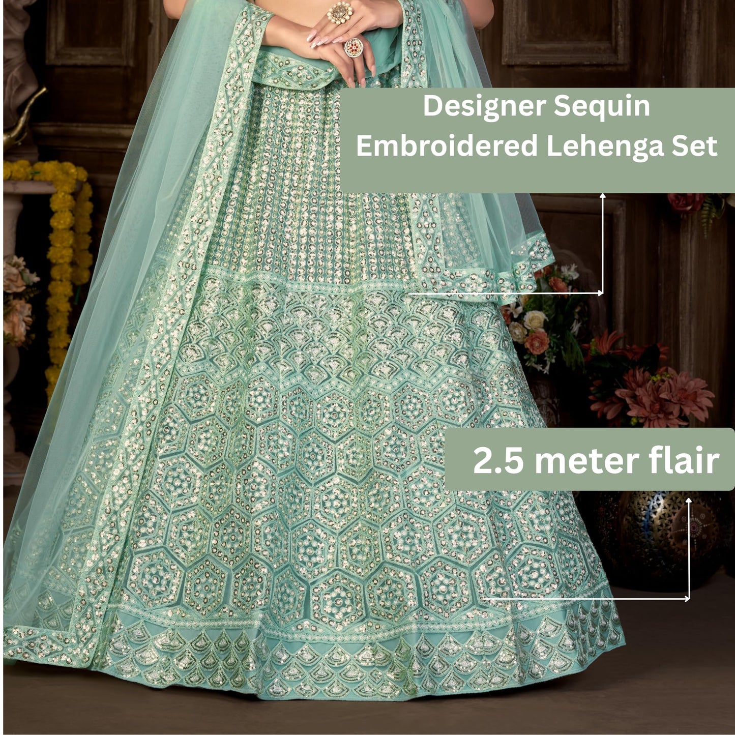 VARNI FABRICS Lehenga set for Women Net Embroidered Sequence Zari Work Semi Stitched Lehenga for Women Wedding Ethnic Traditional Party Lehenga Choli with Dupatta Mehndi Reception| Green | Free Size