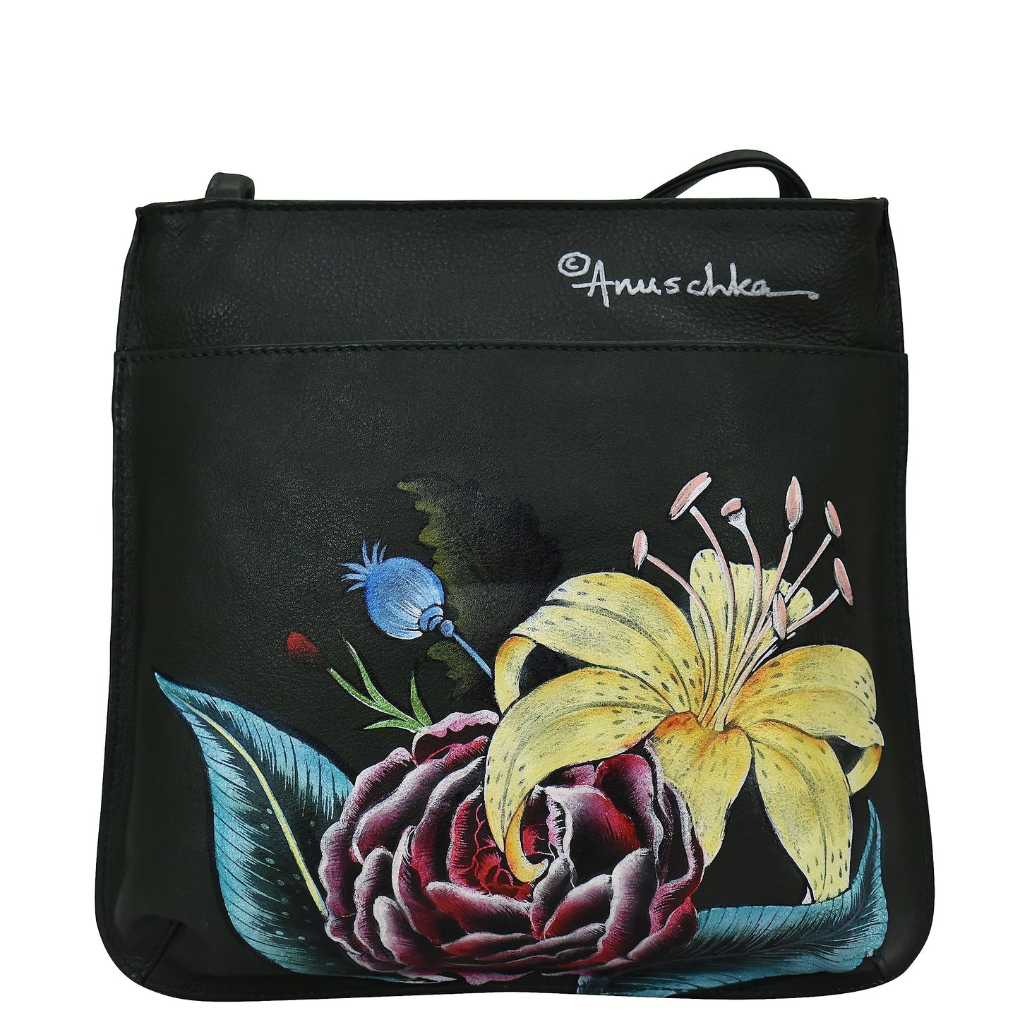 Anuschka Women’s Hand-Painted Genuine Leather Slim Crossbody with Front Zip - Vintage Floral