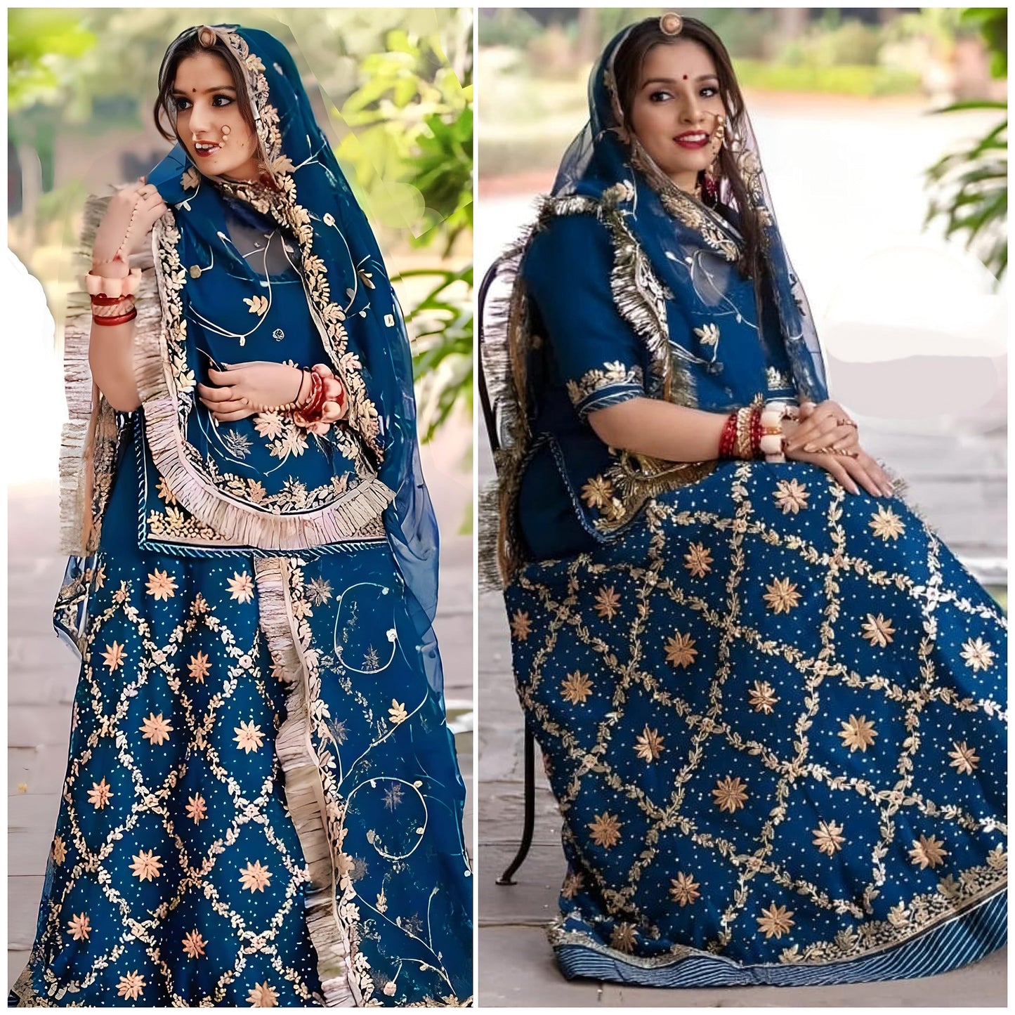 SHYAMLATA Designer Heavy Embroidery Work Shimmer Silk Semi-stitched Rajputi Poshak For Women Rajasthani Lehenga Choli (teal)