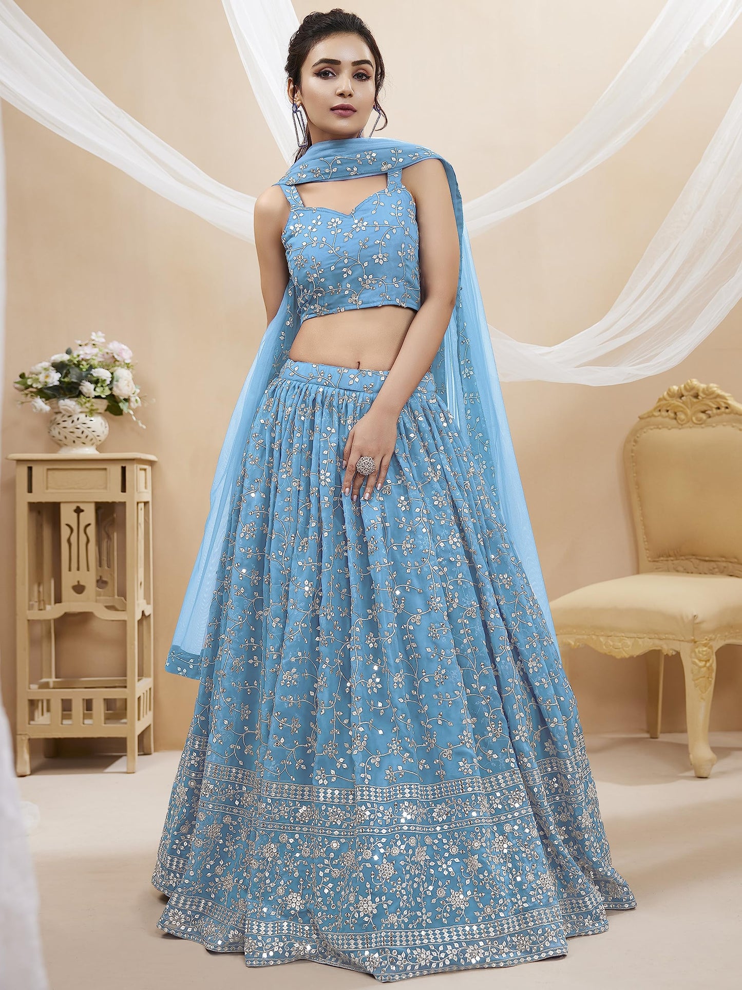 Zeel Clothing Women's Sequins Zari Embroidered Georgette Semi-stitched Lehenga Choli with Dupatta (405-SkyBlue-Wedding-Bridal-Latest-New; Free Size) (Sky Blue)