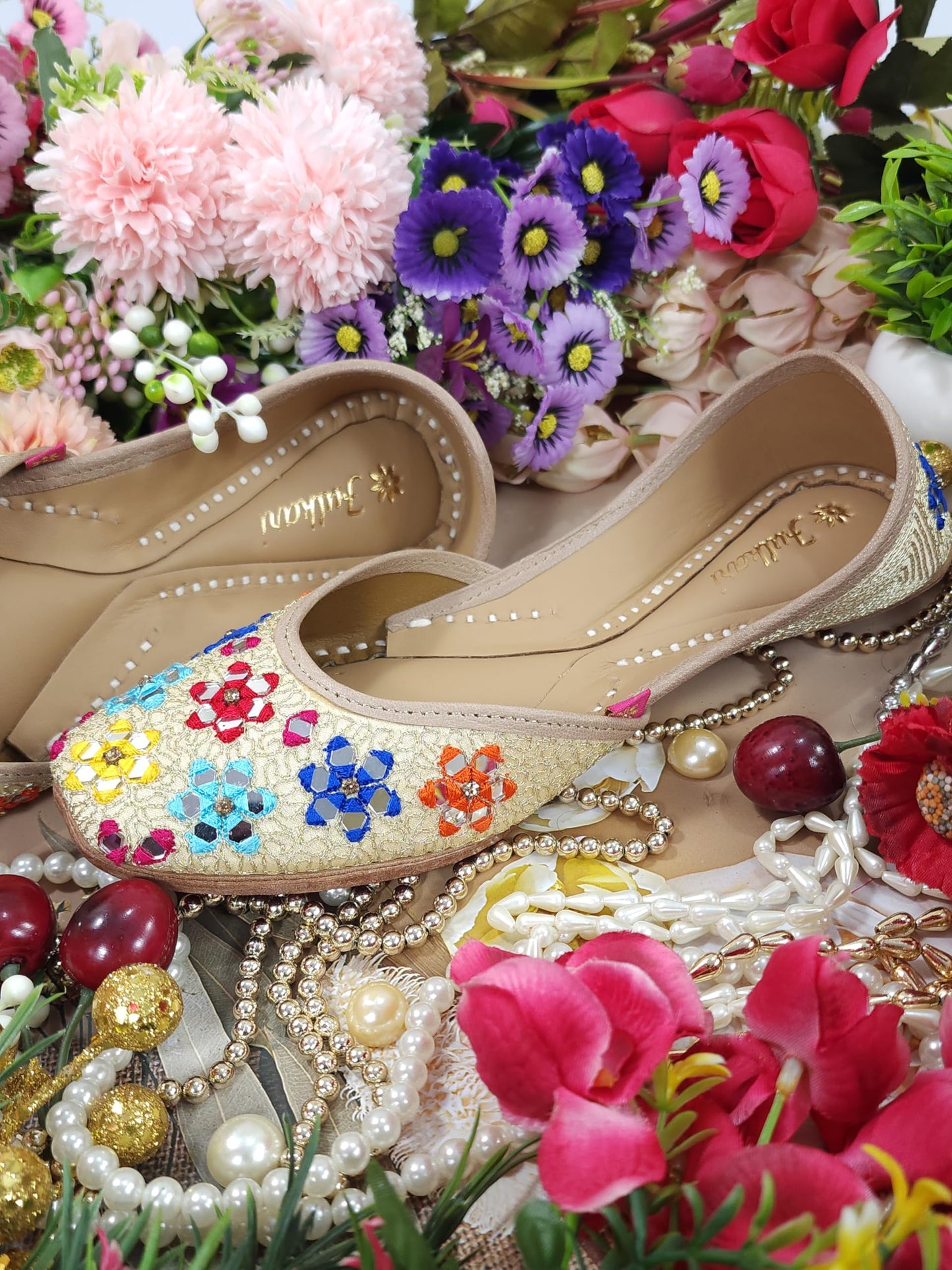 Fulkari Women Mirror Gold Multicolor Formal Genuine Soft Leather Jutis | Bite and Pinch Free Juttis | Punjabi Jutti | Girl's Wedding Flat Ladies Mojari Ethnic Juti |