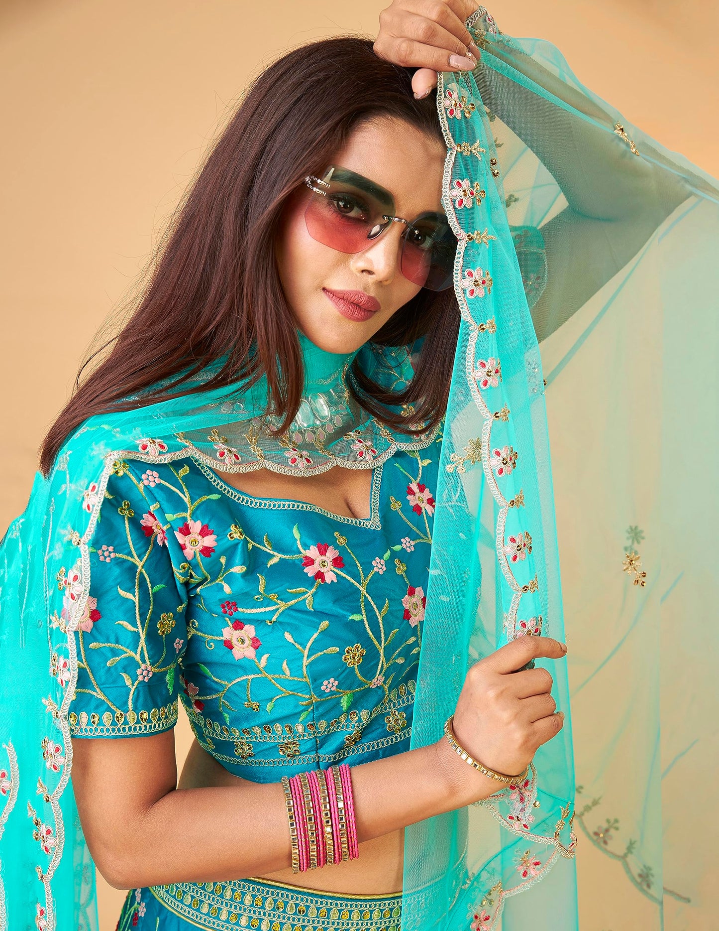 TRENDMALLS Women's Satin Embroidery Lehenga Choli With Dupatta (L57-Turquoise, Semi stitched)