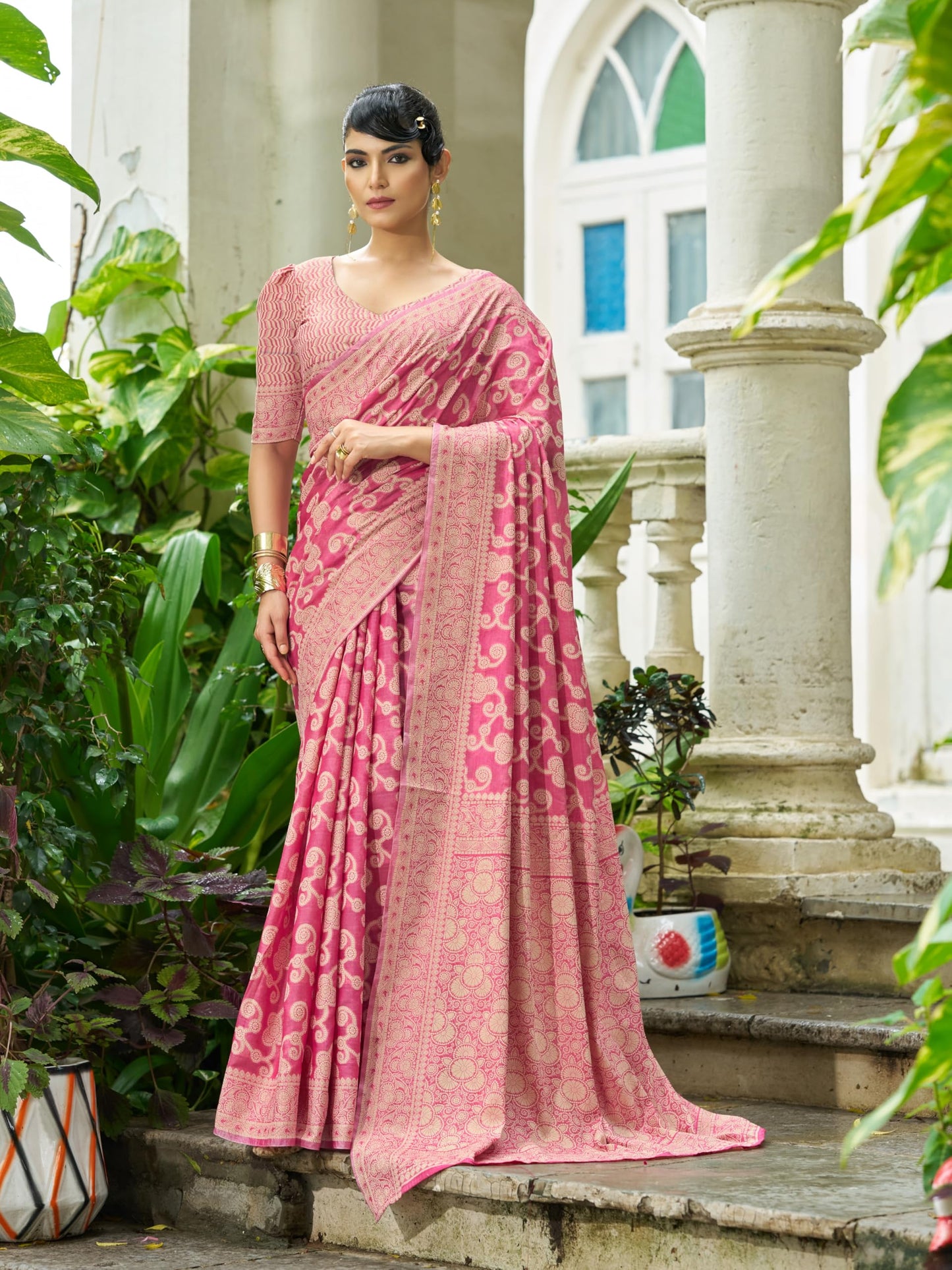 SWORNOF Women's Lucknowi Chikankari Linen cotton Woven Sarees For Women with Blouse sarees for Women (PINK2)