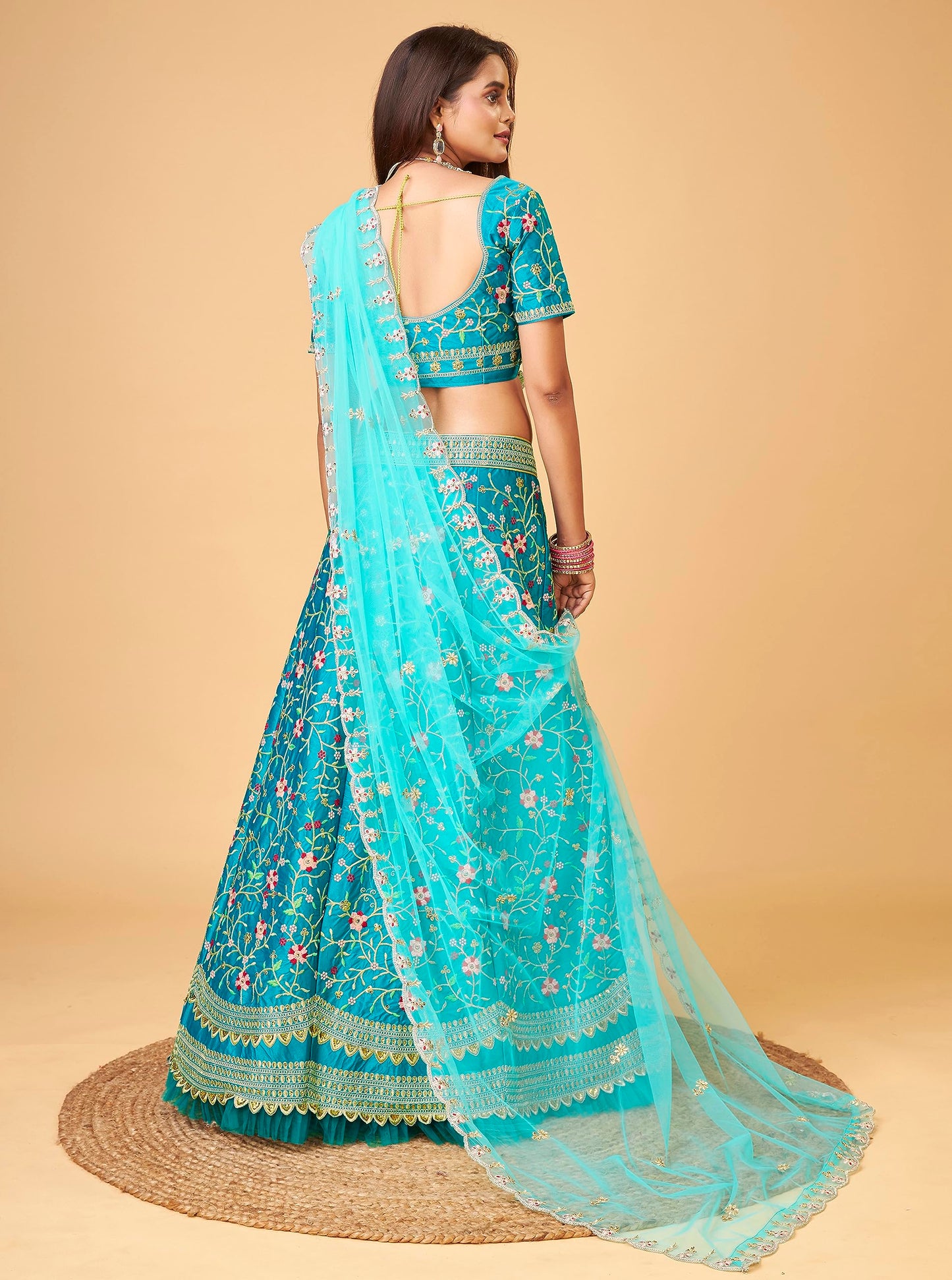 TRENDMALLS Women's Satin Embroidery Lehenga Choli With Dupatta (L57-Turquoise, Semi stitched)