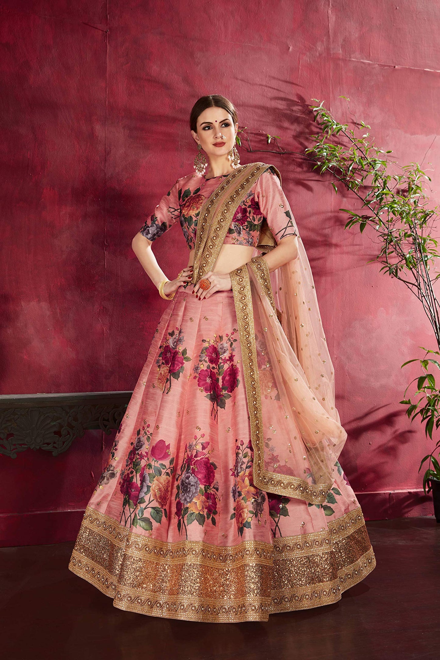 Zeel Clothing Women's Faux Silk Semi stitched Lehenga Choli (7019_Peach_Free Size)