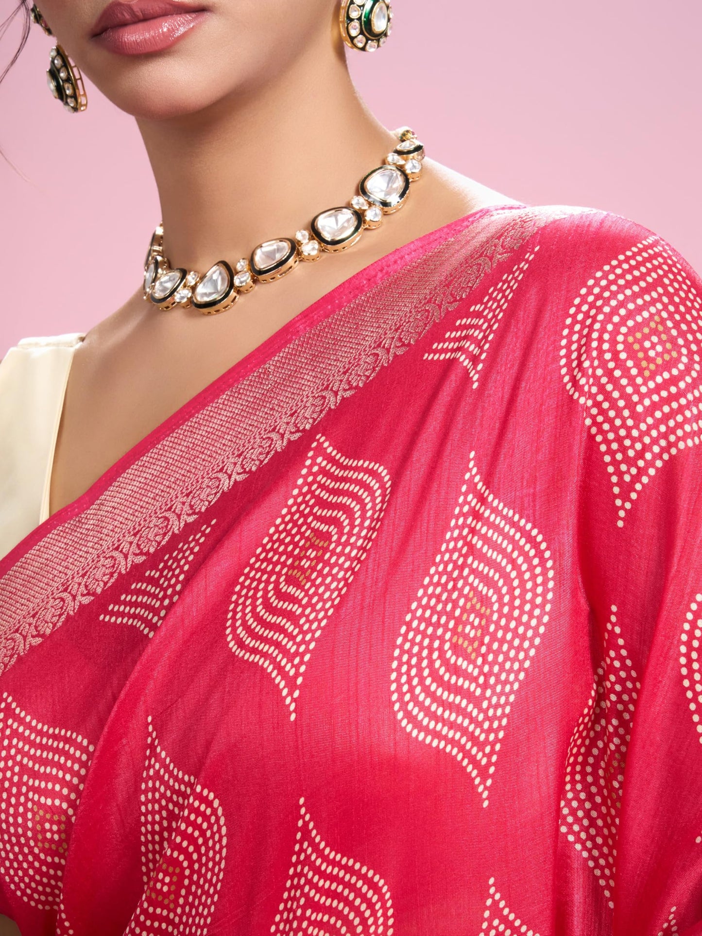 MOHEY Women's Art Silk Printed, Weave Saree with Blouse Piece(Rani)