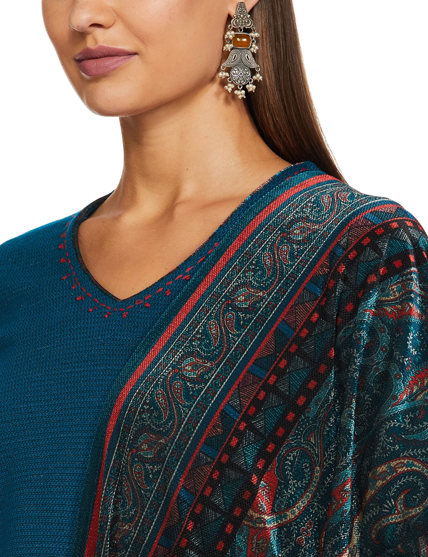 BIBA Polyester Women Embroidery Narrow Salwar Kurta Dupatta(SKDWINTER W8721_Peacock Blue_42)