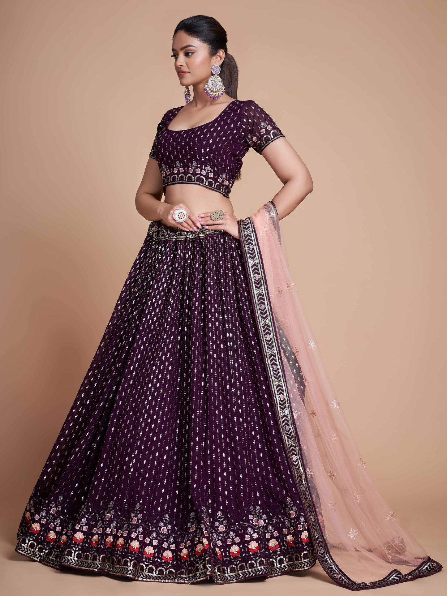 Zeel Clothing Women Sequins Thread Embroidered Georgette Semi-stitched Lehenga Choli With Dupatta (6021-Purple-Wedding-Stylish-Latest; Free Size)