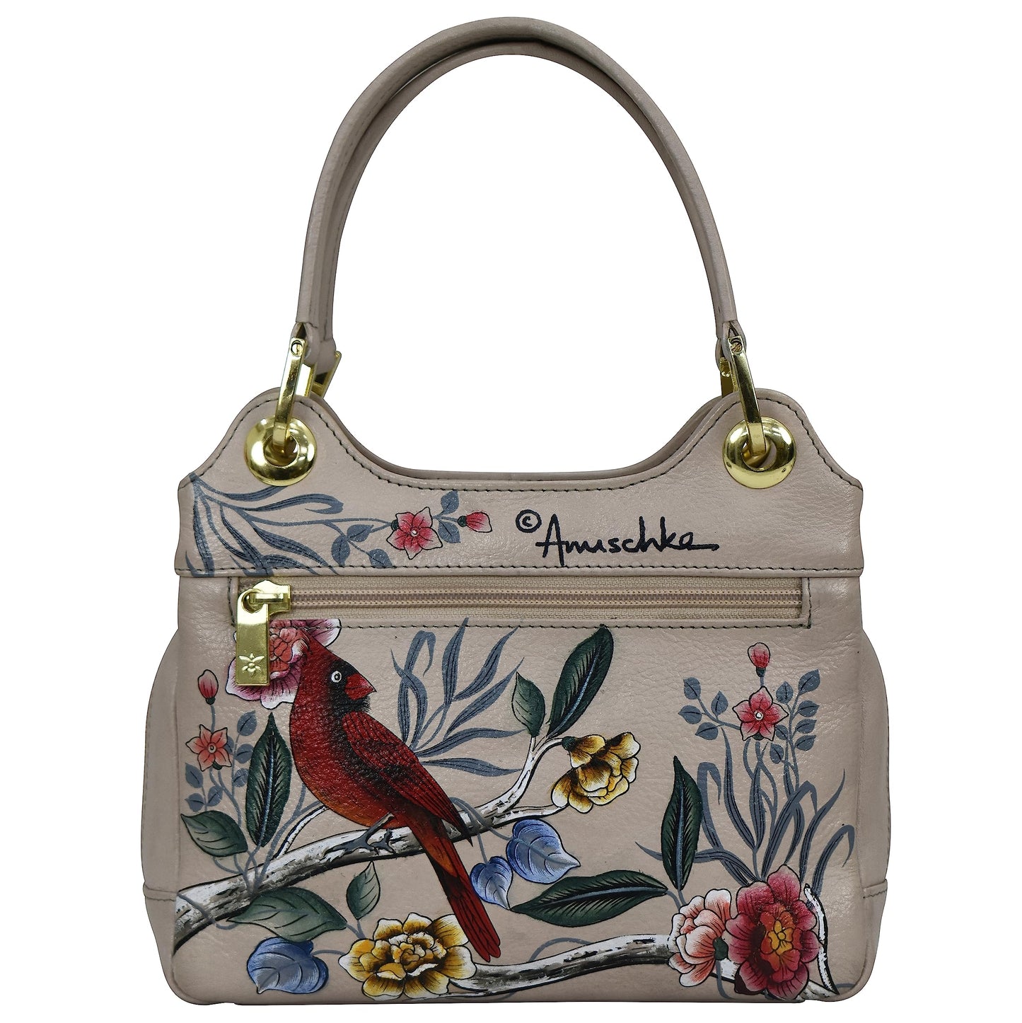 Anuschka Women’s Hand-Painted Genuine Leather Hobo with Chain Strap - Cardinal Family