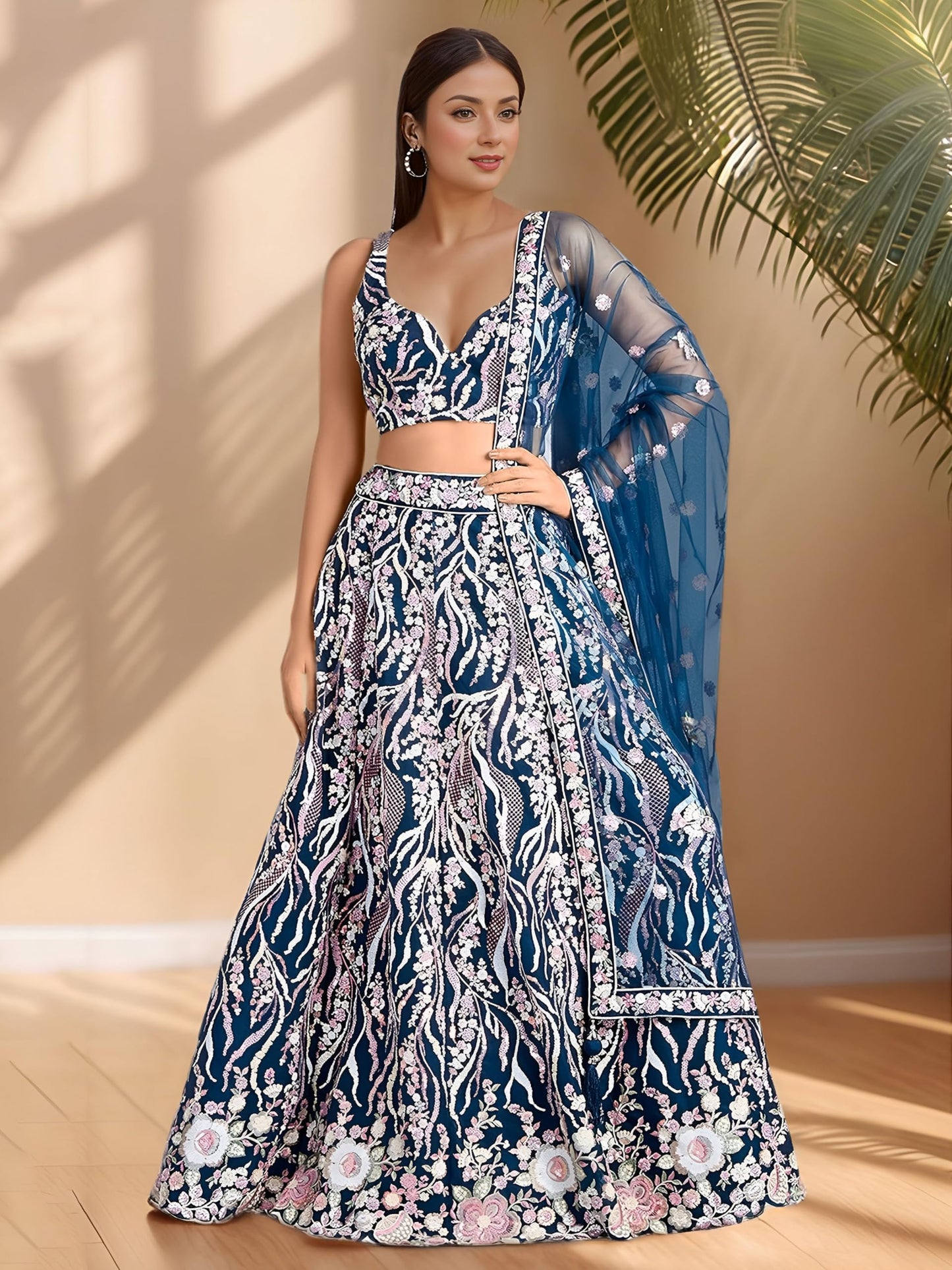 Zeel Clothing Women's Sequins Embroidered Work Soft Net Designer Lehenga Choli With Dupatta (6033-Blue-Wedding-Stylish-Lehenga-Choli-Latest; Free Size)