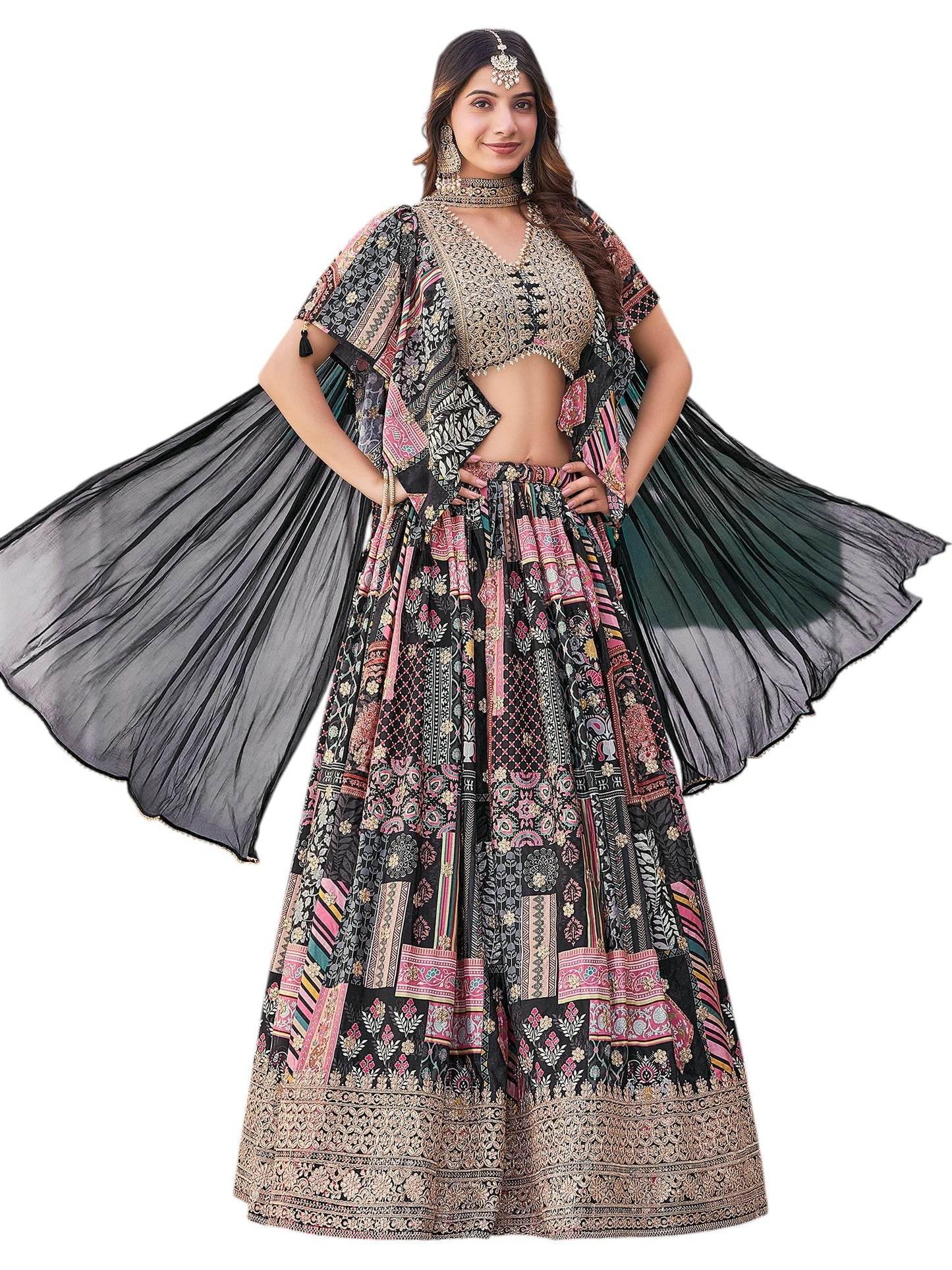 Zeel Clothing Women's Digital Print with Zari Dori Embroidery Work Chinnon Silk Lehenga Choli With Dupatta (7050-Black-Women-Lehenga-Choli-Latest; Free size) (Black)