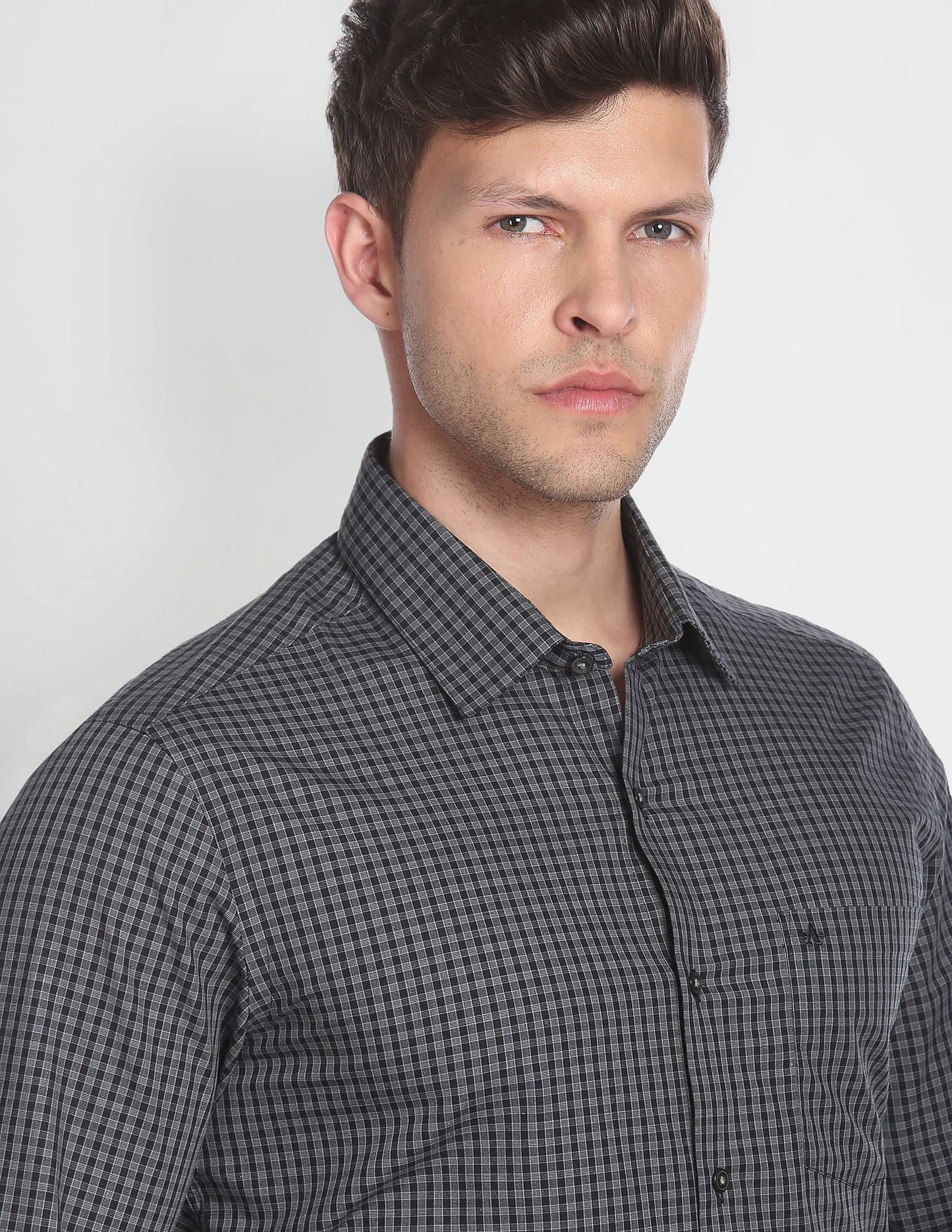 Arrow Men's Grey Checked - Cutaway Collar Full Sleeves Formal Shirt with Chest Pocket | Cotton Fabric | Slim Fit