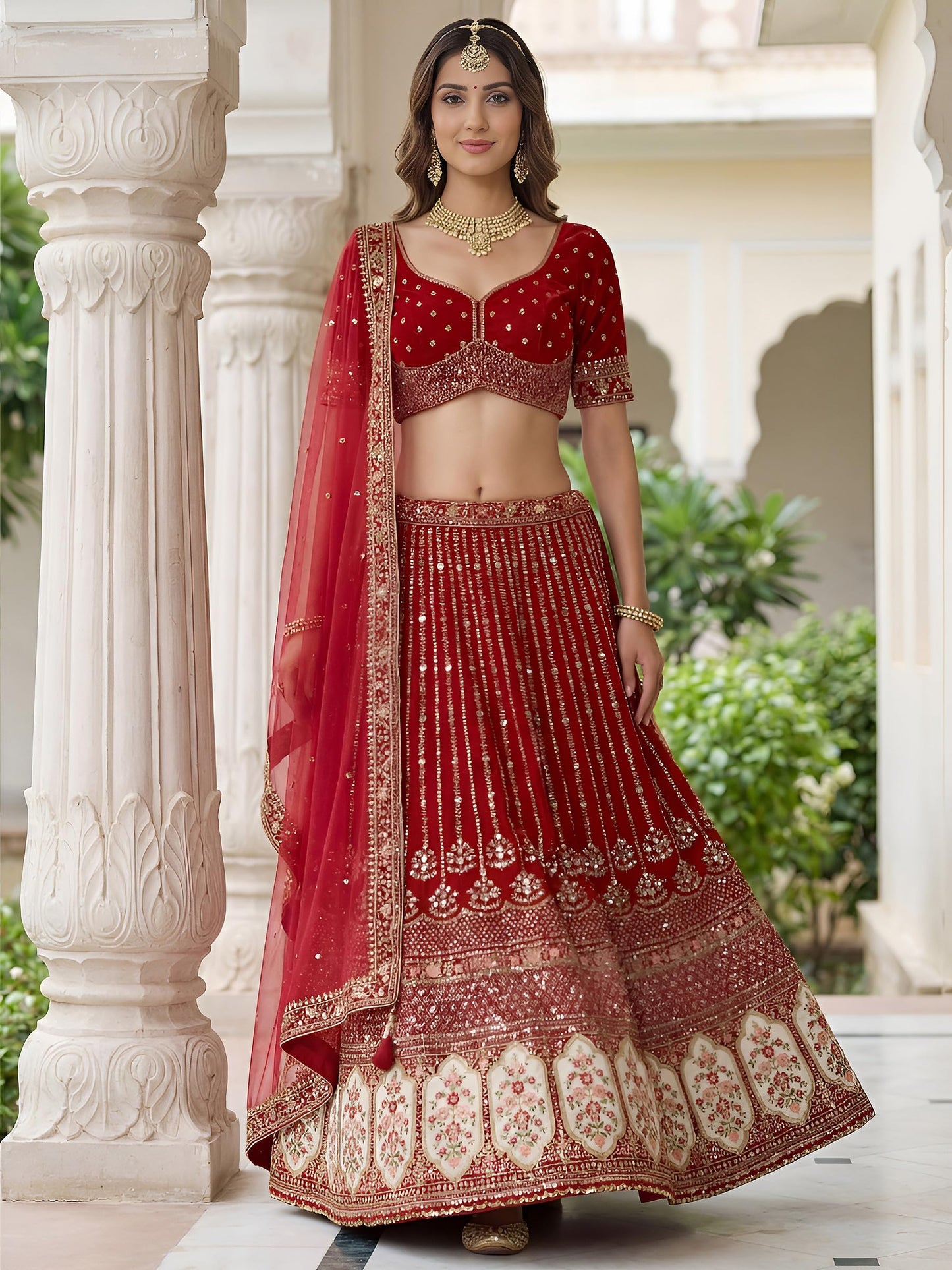 Zeel Clothing Women's Zari, Dori, and Resham With Sequins Embroidered Work Organza Lehenga Choli With Dupatta (5113-Maroon-Women-Lehenga-Choli-Latest; Free size)