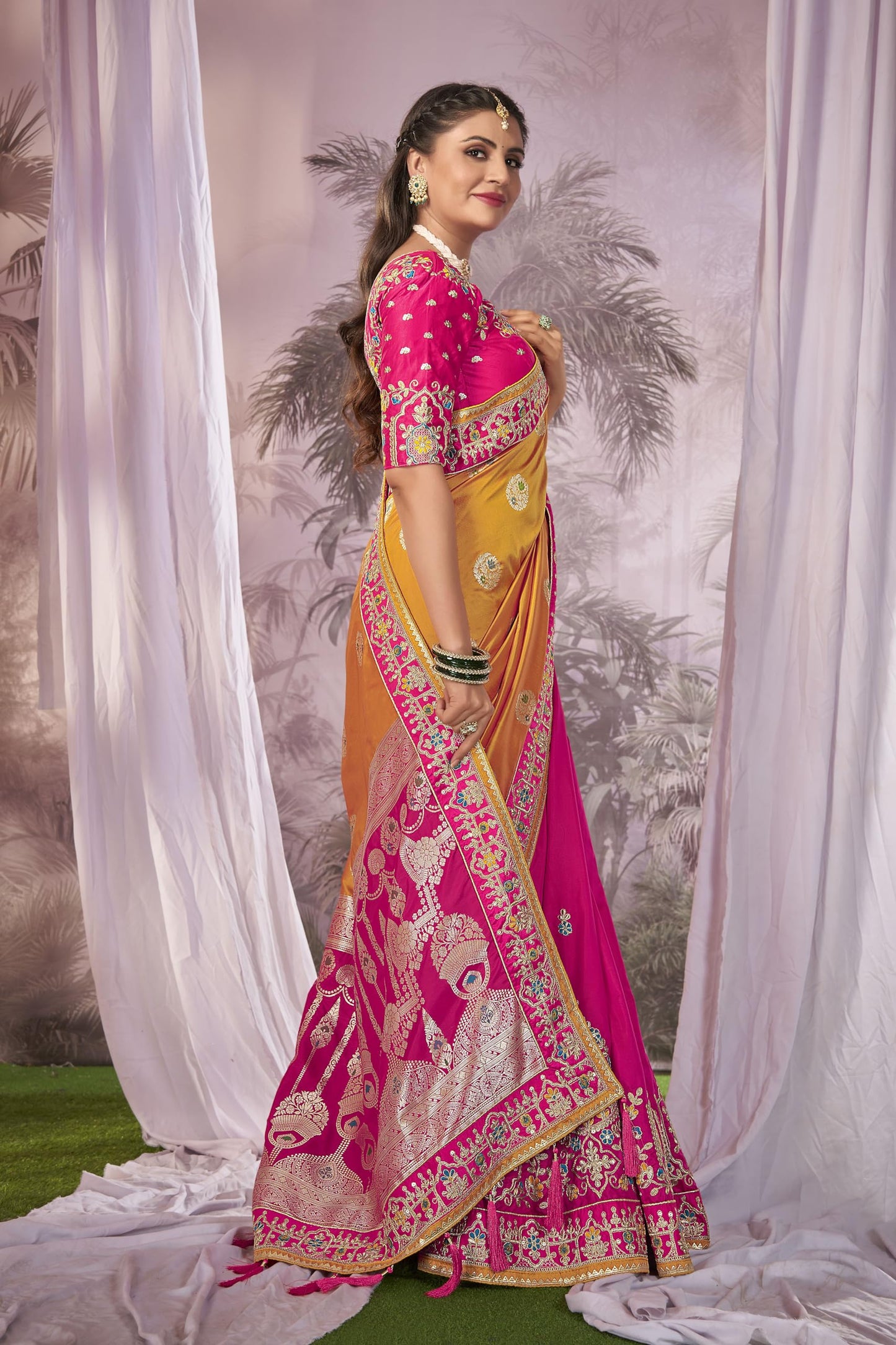 MANOHARI Banarasi Silk Woven Saree With Heavy Embroidery Blouse Piece_Mn1877 - Women, Yellow